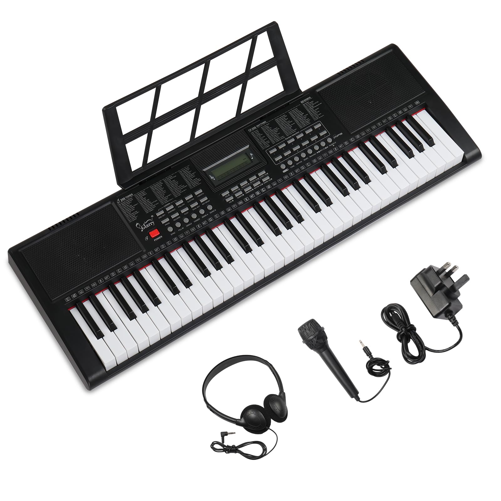 GLARRY 61 Key Portable Keyboard Piano Electronic for Beignners w/LCD Screen, Music Stand, Microphone, Headphones, 3 Teaching Modes, Built-In Speakers