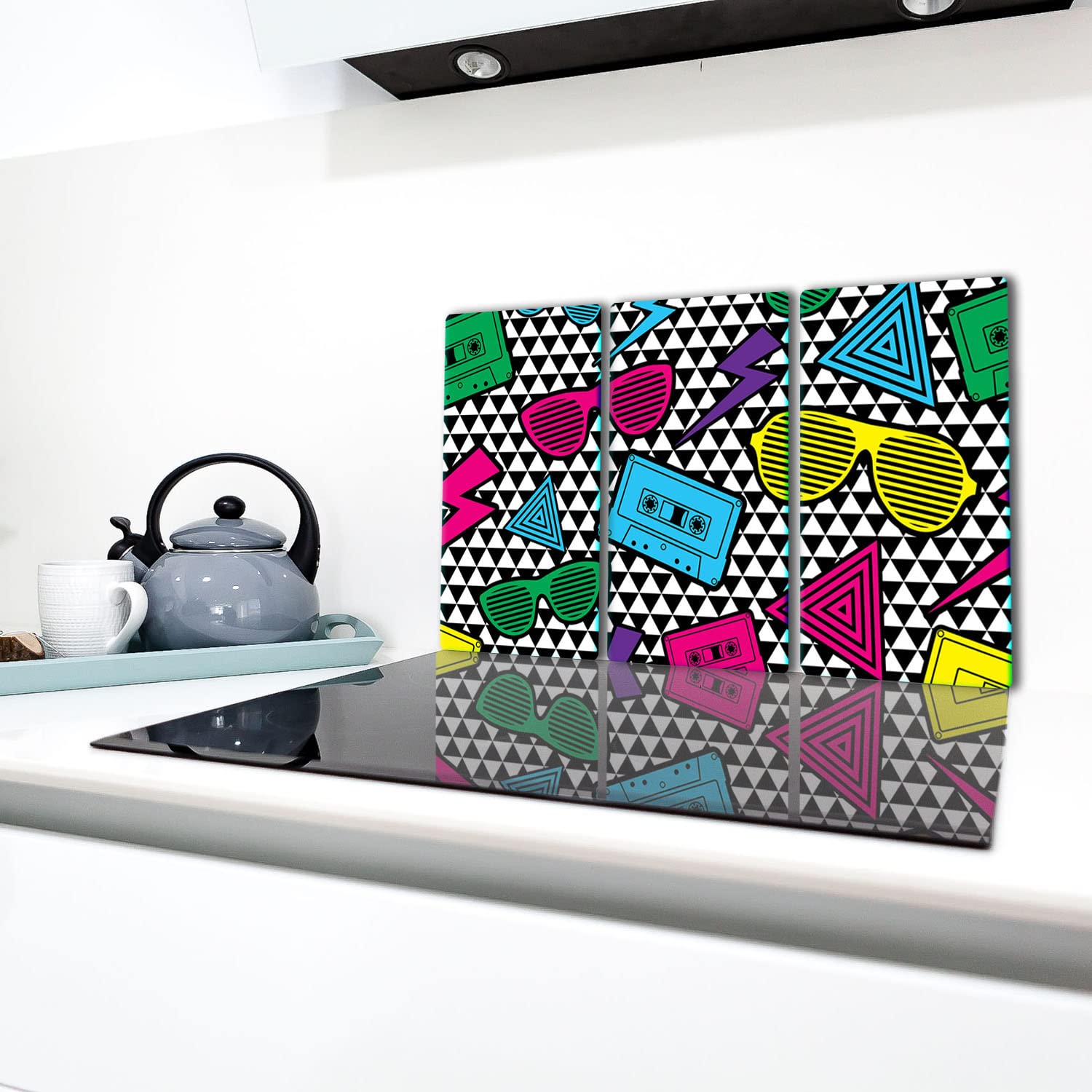 TMK | Piastre di copertura per piano cottura in ceranfeld 3 pezzi 30 x 52 cm | copertura per piano cottura elettrico a induzione | paraschizzi | tagliere in vetro | Pop art
