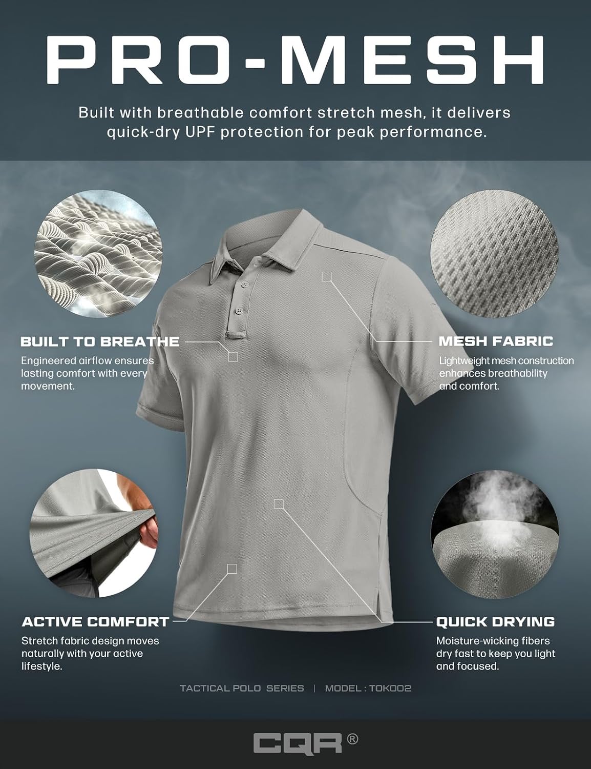 CQR Men's Quick Dry Tactical Polo Shirt, Lightweight Breathable Performance Polo, Short Sleeve UPF 50+ Outdoor Golf Shirt