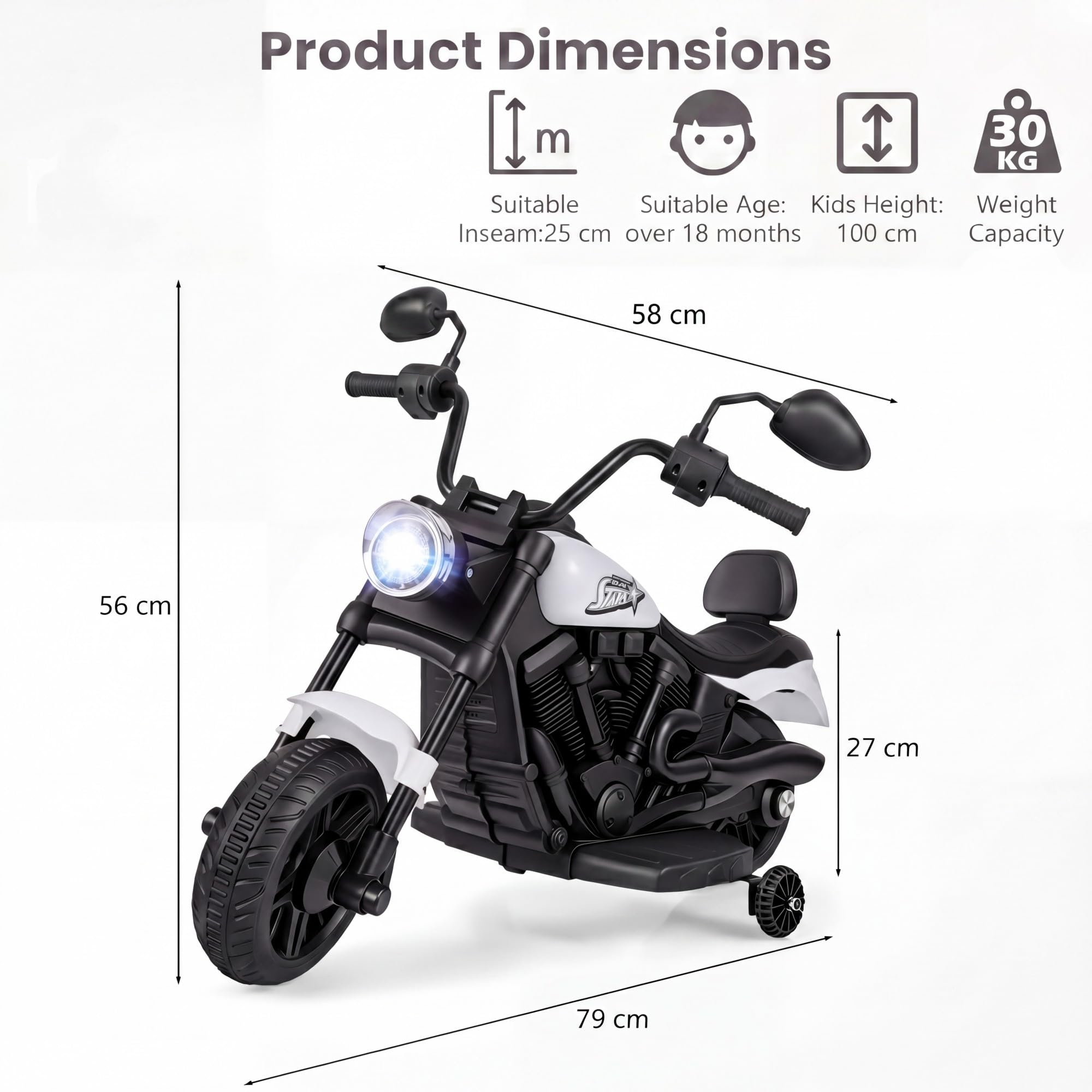 KOMFOTTEU Moto Eléctrica para Niños, Moto de Batería de 6 V con Faro, Música, 2 Ruedas de Entrenamiento y Pedal, Motocicleta Eléctrica con Arranque con un Botón para Niños de 3+ Años (Blanco)