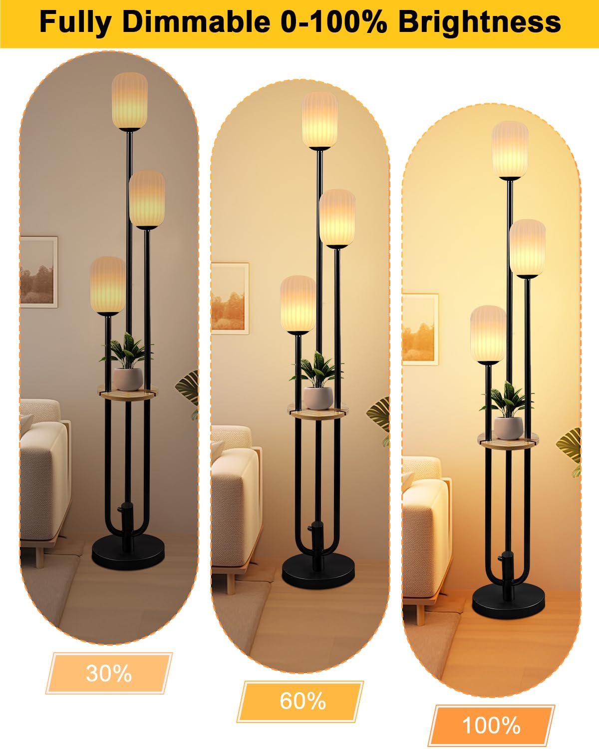 Lampa podłogowa do salonu, ściemniana lampa podłogowa w stylu vintage, z półką i żarówkami LED, 3 światła, 3000 K, miękka, ciepła biel, z połowy wieku, wysokie lampy do sypialni, biura