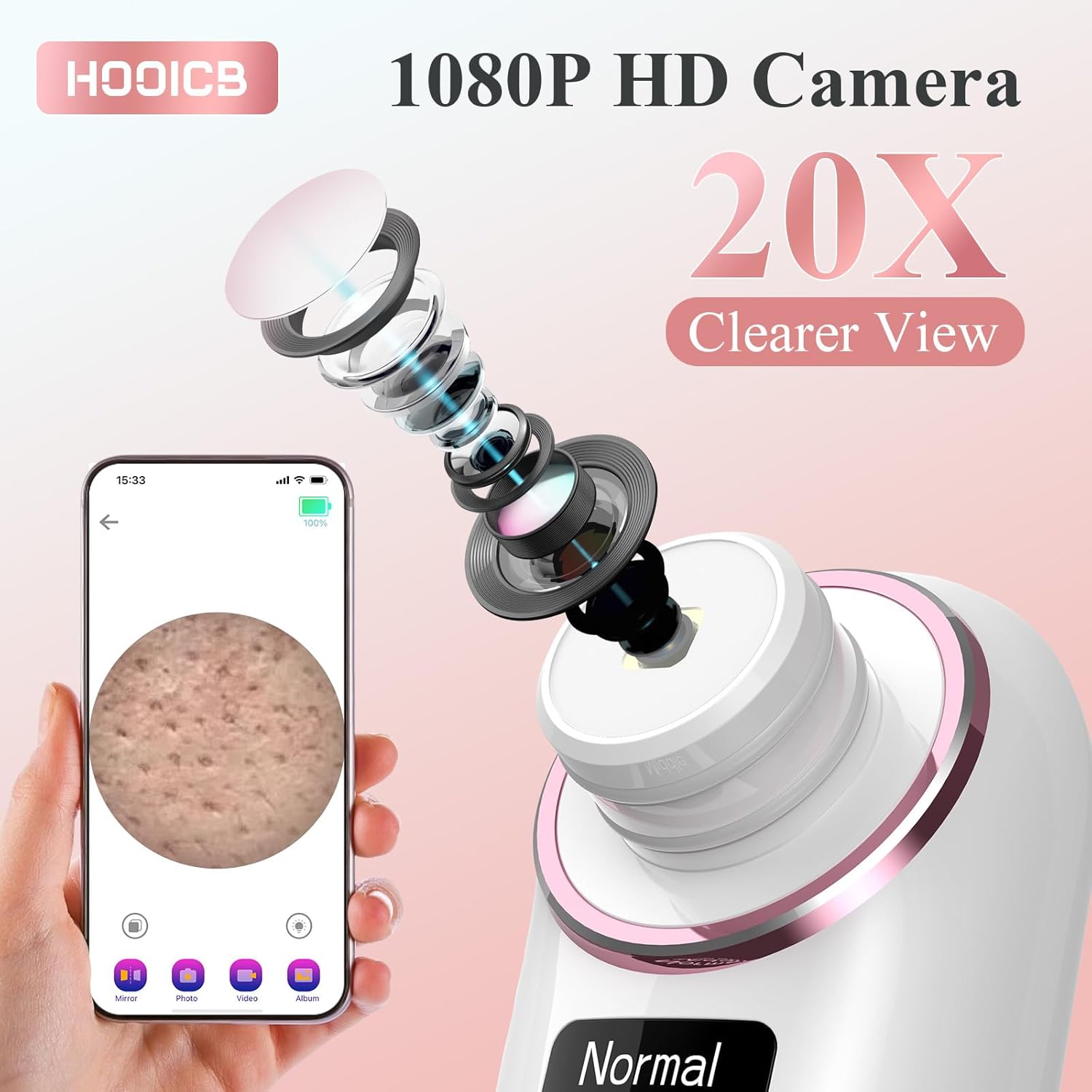 HOOICB Blackhead Remover Vacuum, Facial Pore Cleaner, 3 Adjustable Suction Levels, USB Rechargeable Blackhead Vacuum Kit Electric Acne Extractor Tool - Image 2