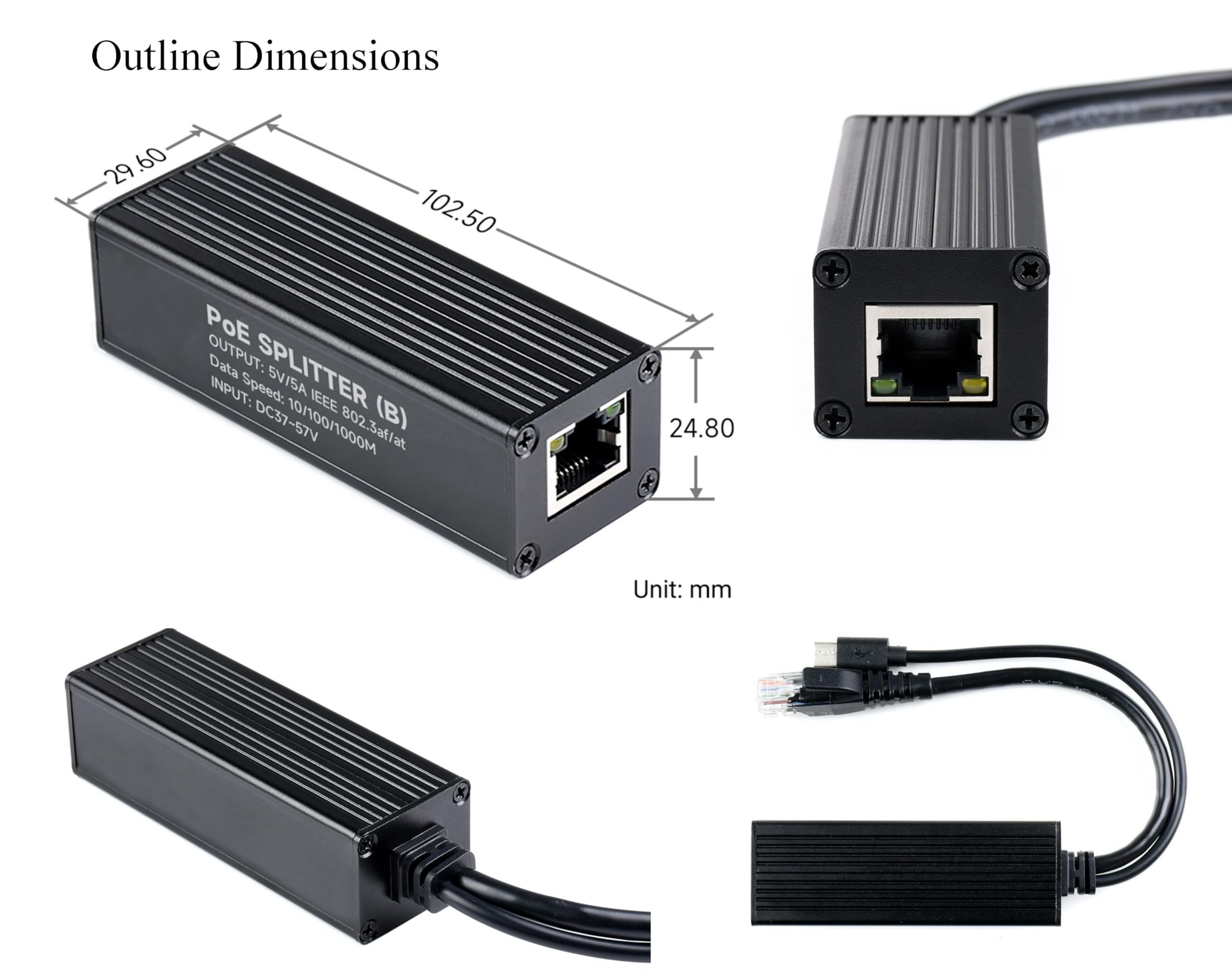 Splitter industriale Gigabit PoE 5V 5A 25W uscita, 1000Mbps, porta USB di tipo C | Power Over Ethernet Splitter compatibile con Raspberry Pi 5 4B 3B+ 3B/telecamera di rete