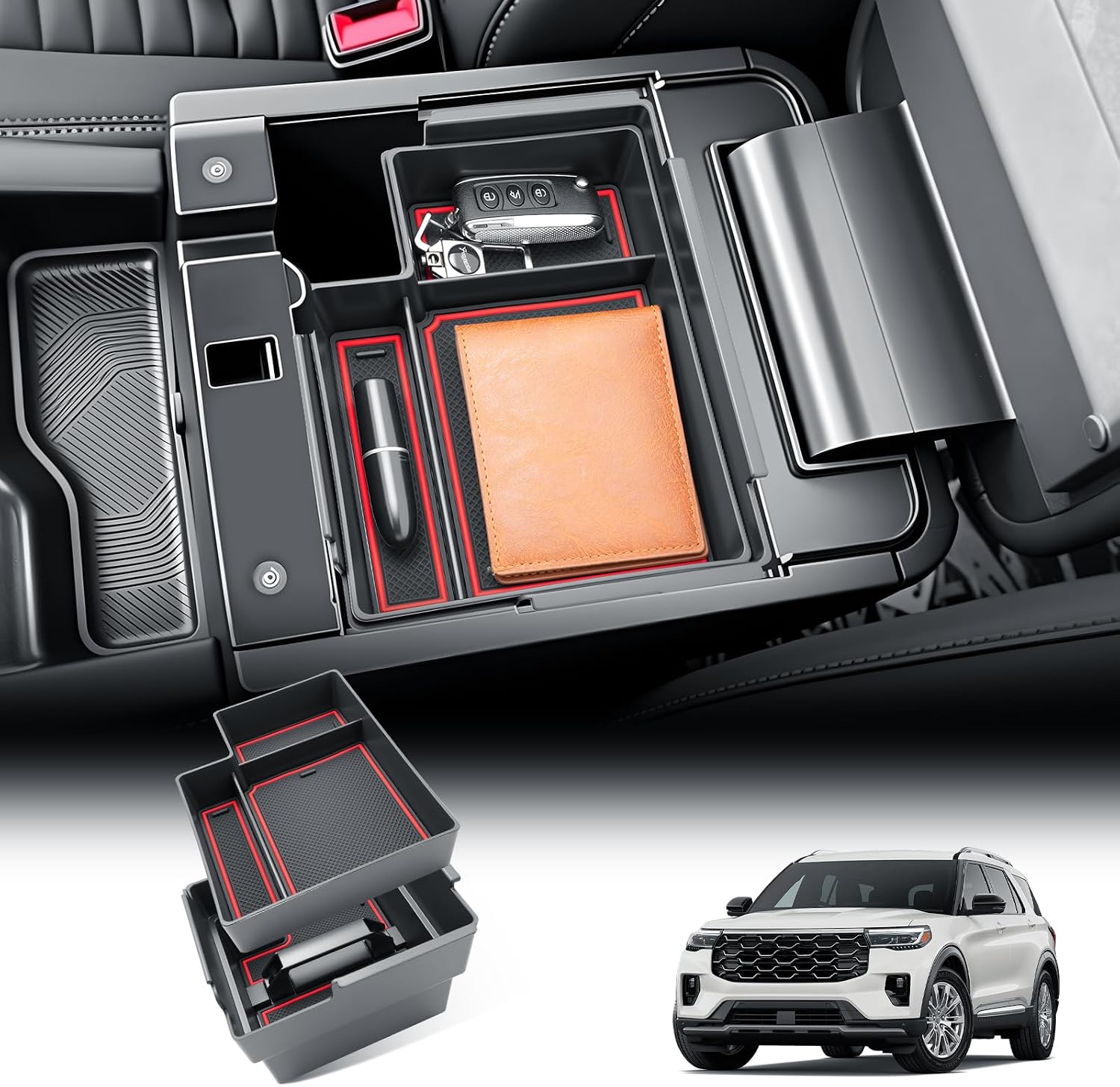 BIBIBO 2Packs for 2025 2026 Ford Explorer Center Console Organizer 2025-2026 Ford Explorer (Active, T-Line, ST,latinum, Tremor) Console Tray 2026 Explorer Console Insert Tray-Double Layers (Red)