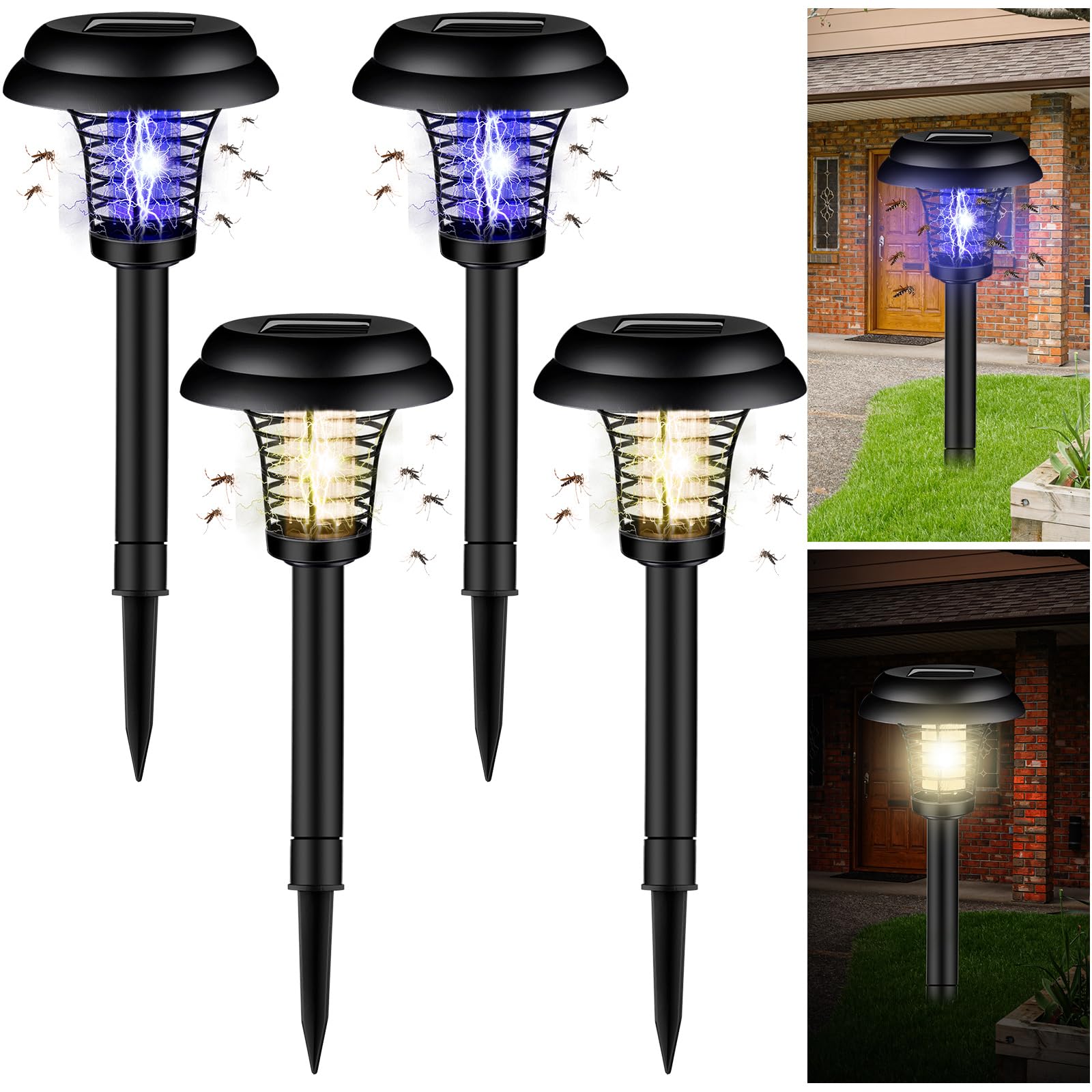 Qualirey 4 lampade a energia solare per insetti e zanzare, impermeabili, per uso interno ed esterno, giardino, patio (plastica, esterno nero/viola e luce calda)