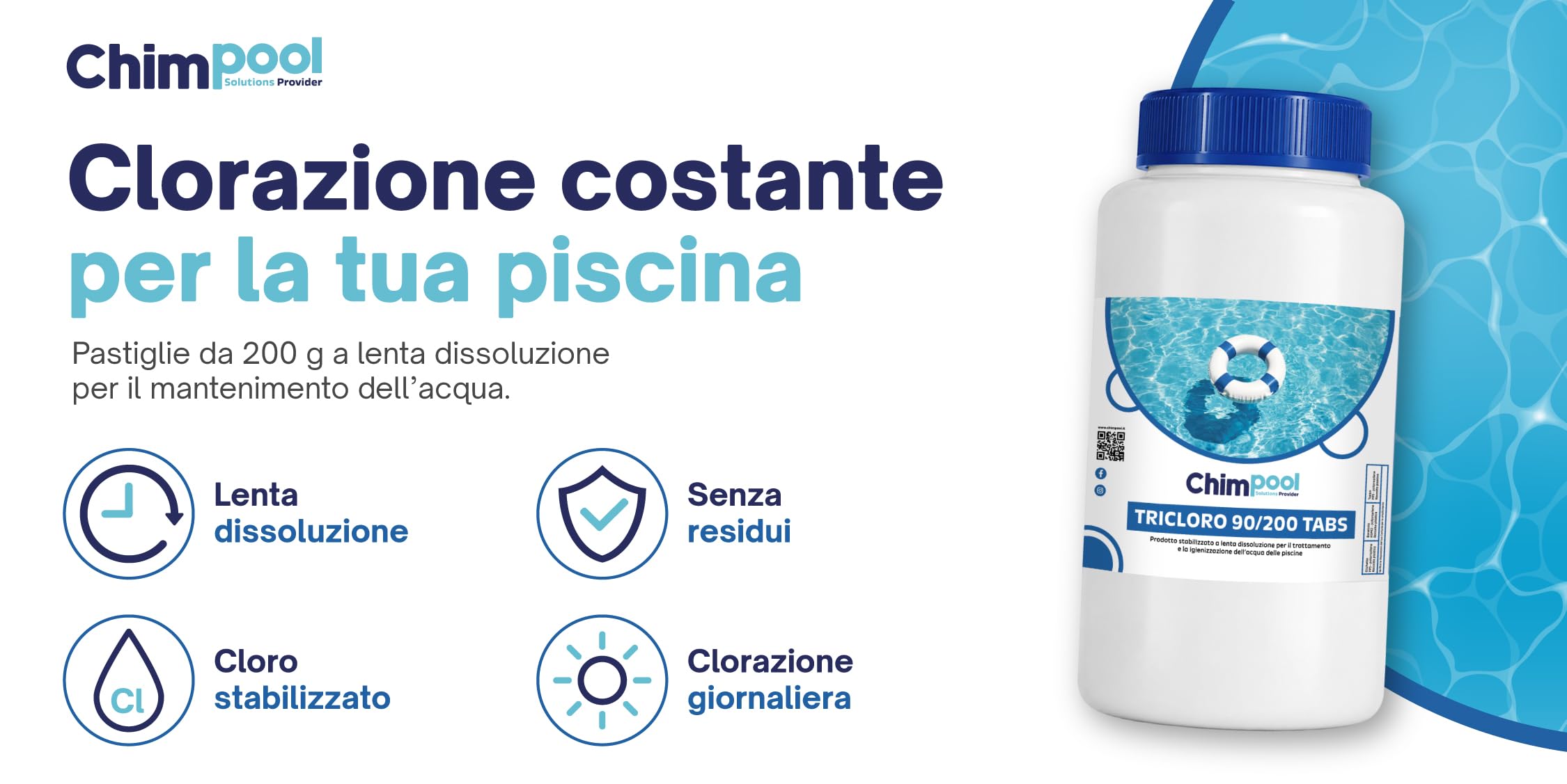 Tricloro Pastiglie 200 g Cloro Lento per Piscina, 10 kg | Rilascio graduale per una protezione costante dell'acqua