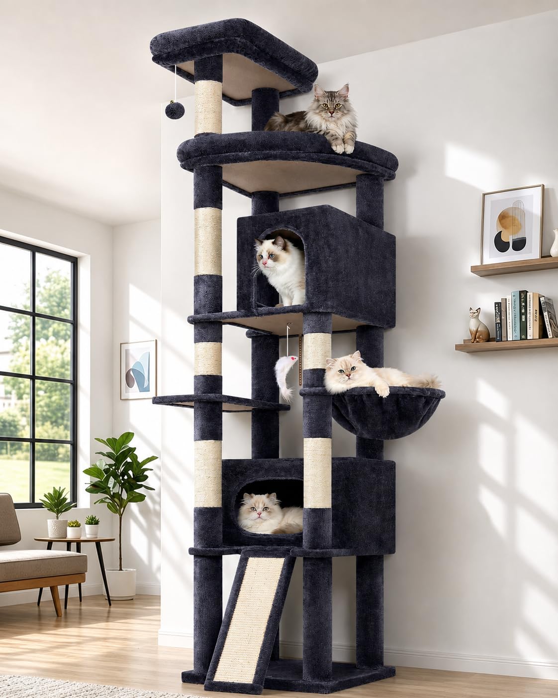 Globlazer Árbol Rascador para Gatos XXL 215 cm Alto con 2 Grande Nidos, Extragrande Plataforma, Perchas, Cesta, Tabla Rascar Sisal, Estable Rascador para 3-5 Gatos Adultos Grandes (F84B, Gris Oscuro)