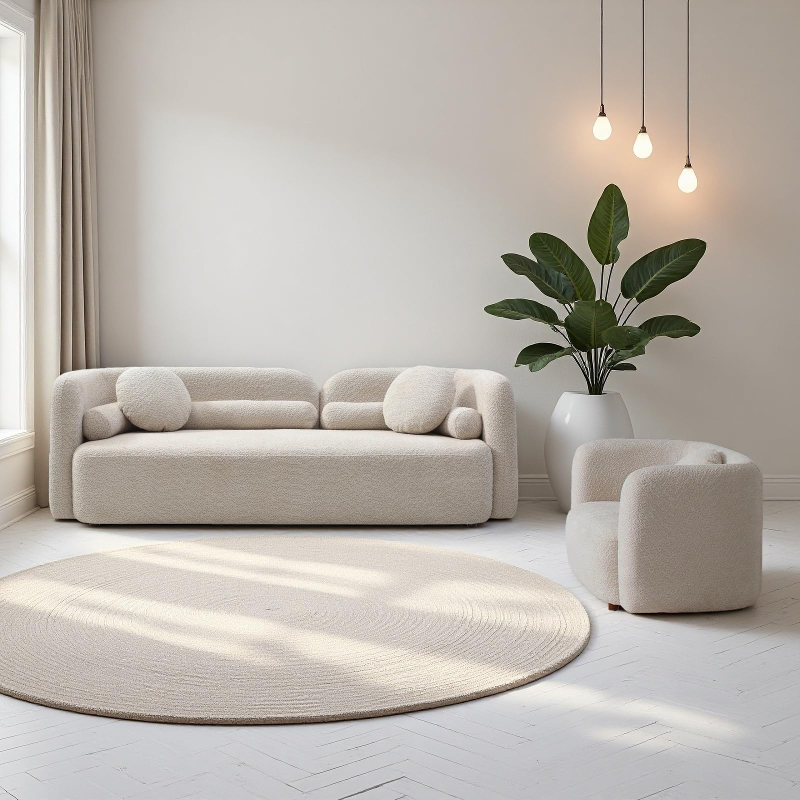 2-Piece Curved Sofa Set, Beige Boucle Sofa &amp; Oversized Chair