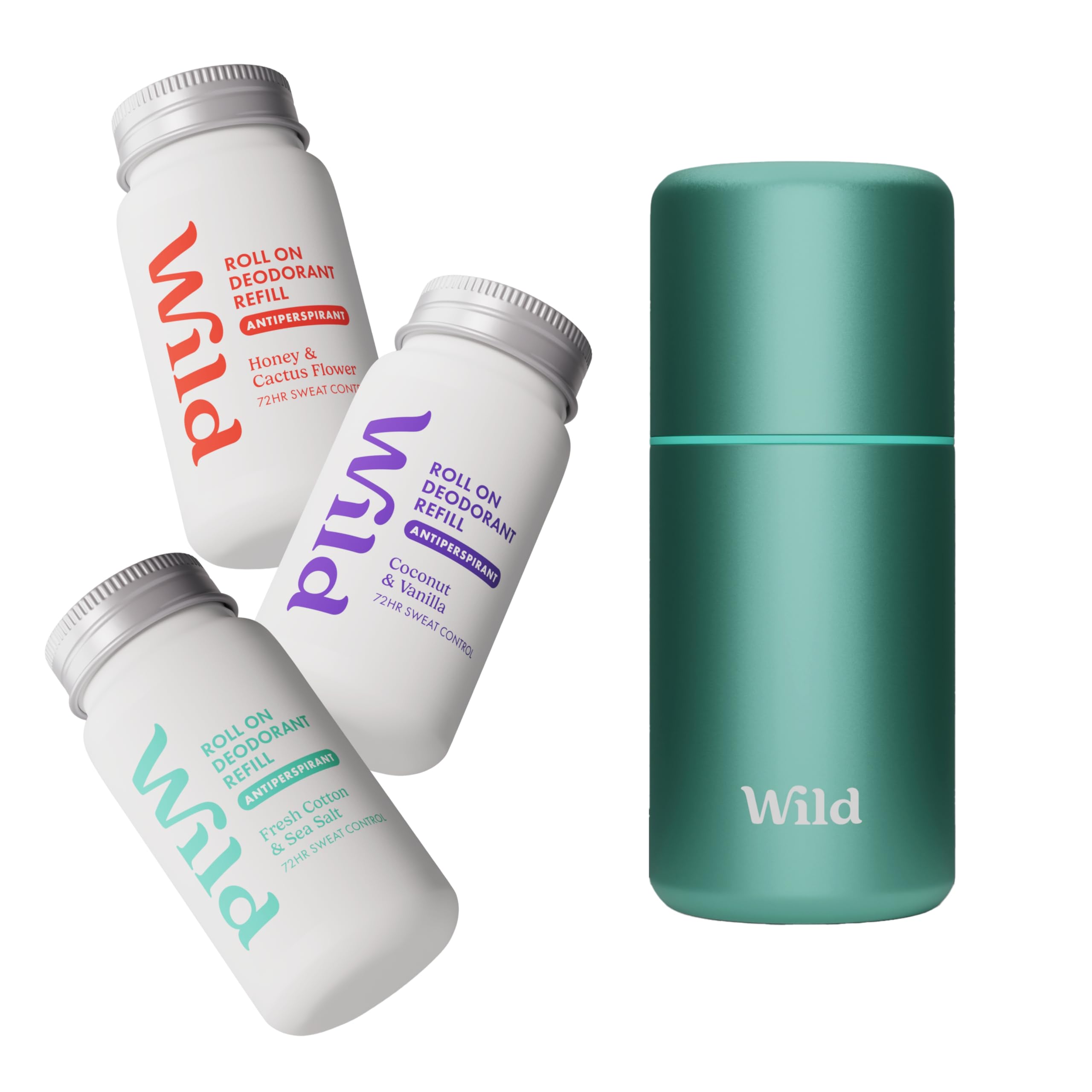 Wild Kit de Déodorant Anti-Transpirant Roll-On Rechargeable avec protection 72 heures - Étui bleu aqua avec recharges Honey & Cactus Flower, Cotton & Sea Salt and Coconut & Vanilla - 90% naturel
