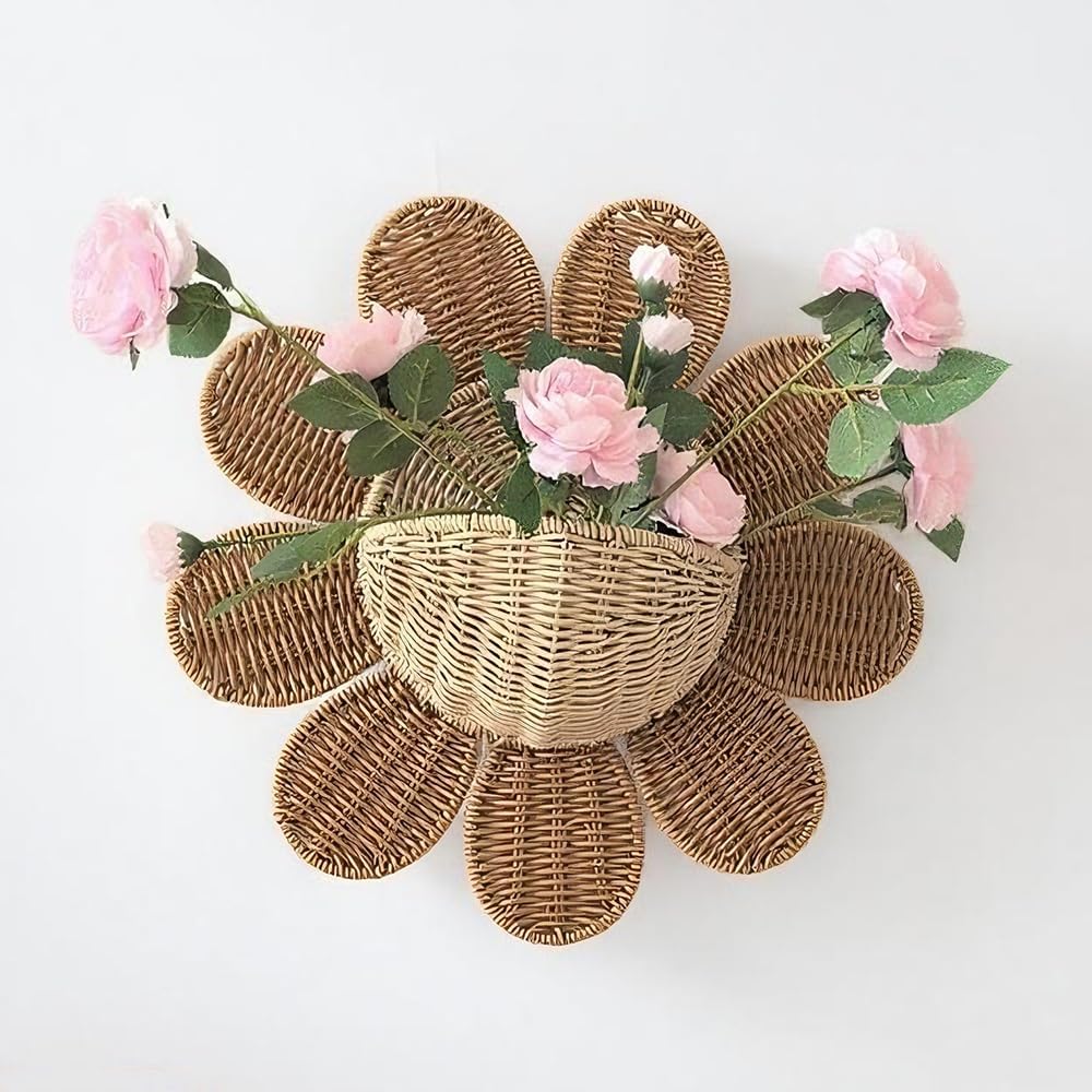 Rattan Wicker Hanging Wall Basket Scalloped Sunflower Hanging Shelves Home Decor,Hanging Woven Rattan Wicker Basket Organizer for Bathroom,Kitchen,Living Room,Flowers Storage