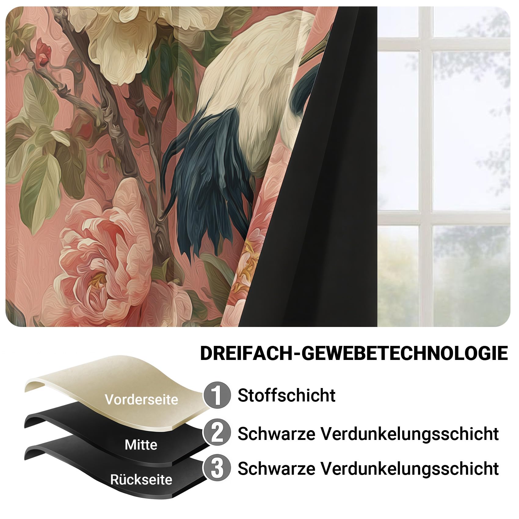 Générique Lot de 2 Rideau Occultant Oiseau Fleur Chinois, Impression Fleur de Pivoine Rideaux de Fenêtre Thermique Isolants Anti Bruit a Oeillets Rideaux Chambre Salon 140x280 cm H39y