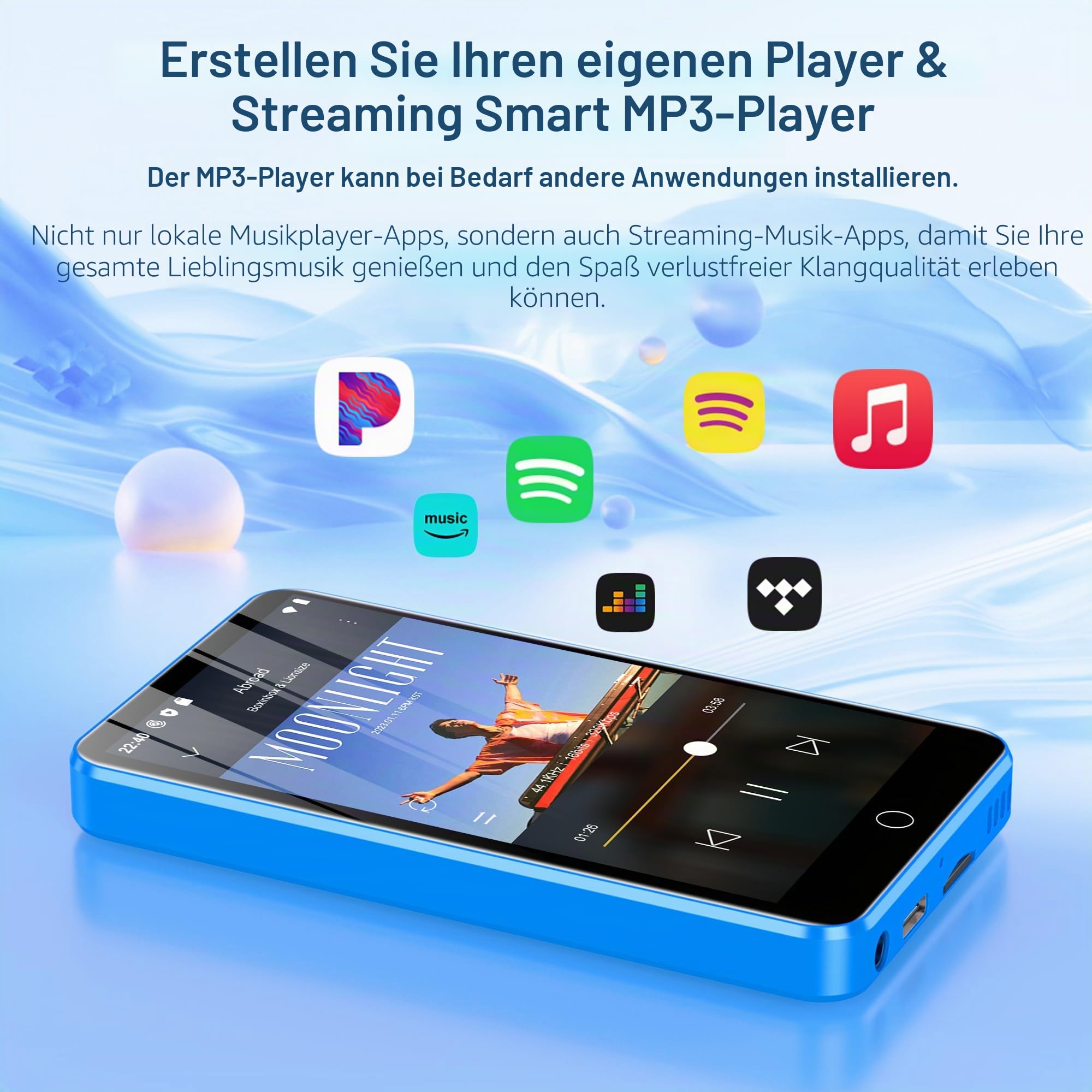 Diofox 80GB MP3 Player mit Bluetooth und WiFi, 4,0-Zoll Touchscreen, 1080P, 2000mAh, MP3 MP4 Player Android, Spotify, Amazon Music, Deezer, Play Store, HiFi Sound Digital Music Player (Blau)