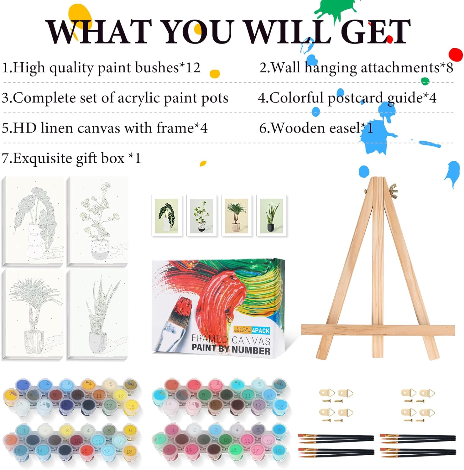 Fountor 4 Pack Framed Paint by Numbers Kit for Adults Beginners with Wooden Easel, DIY Green Plant Paint by Number Kit with Frame, Simple Plants Painting by Numbers for Home Wall Decor, 8x12 inch