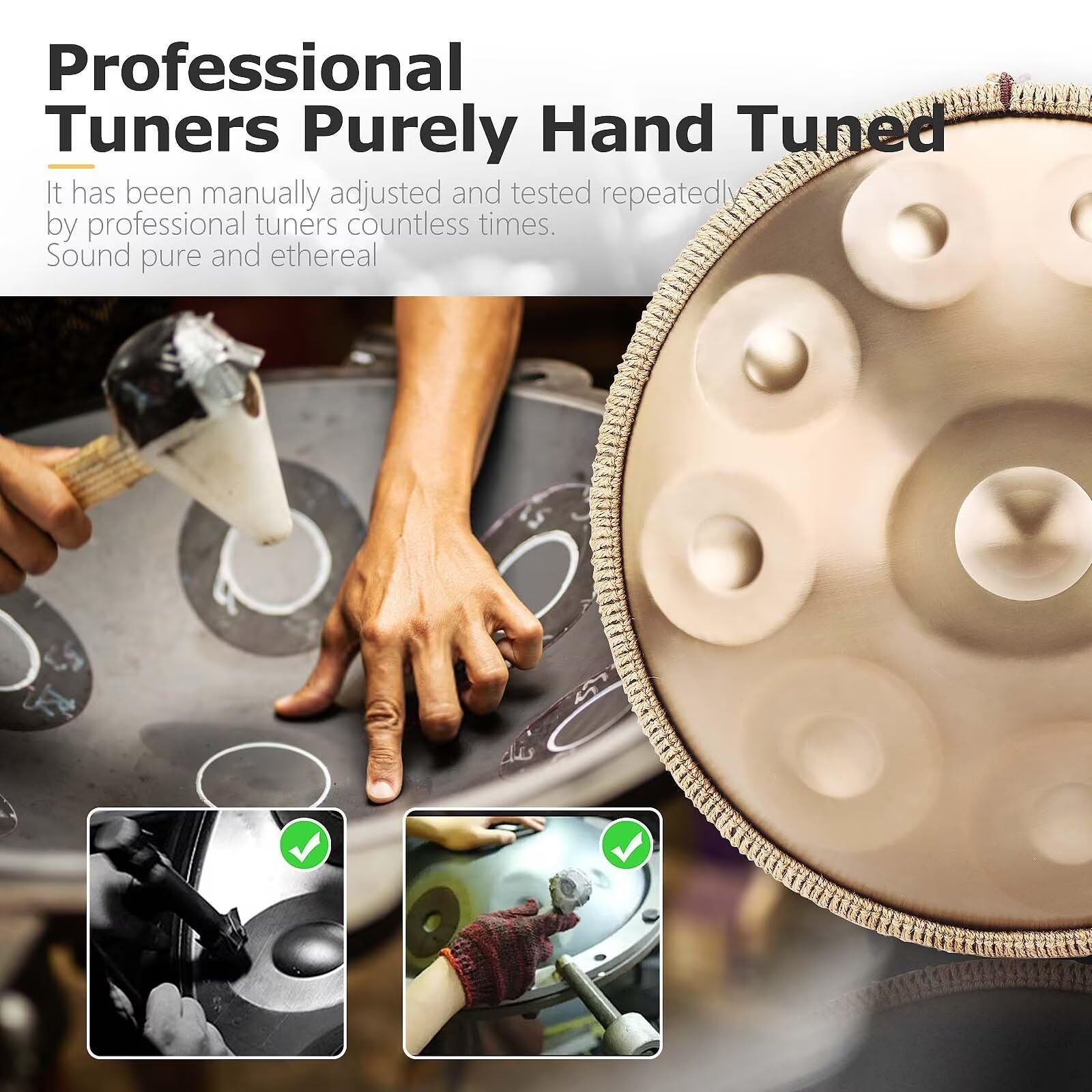 Handpan 22 Pulgadas 9/10 Notas Tambor de Acero, 432/440 Hz Re Menor Percusión de Tambor Golden Handpan para Sanación con Sonido, Yoga (10 Notas-440Hz)