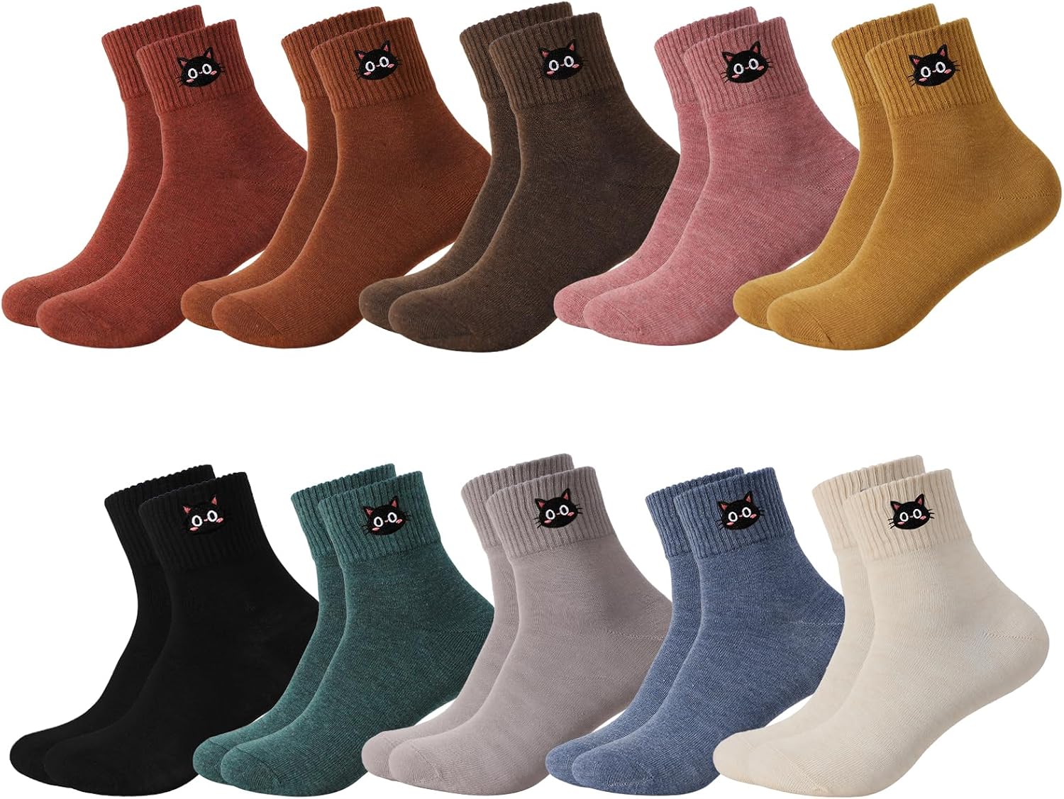 10 Pairs Women Crew Socks Cute Embroidery Cotton Socks