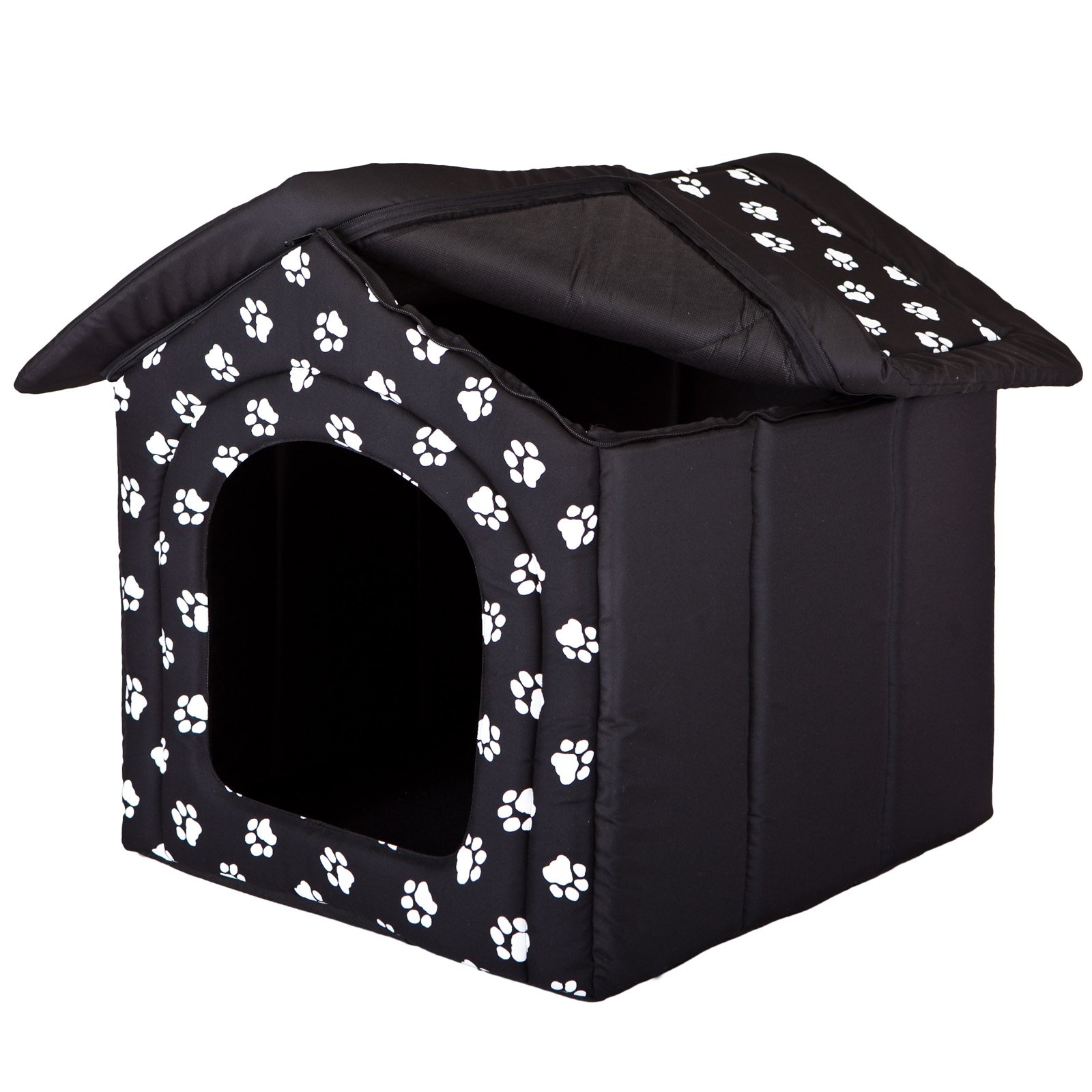 Hundehöhle Hundebett Hundehaus Hundehütte R1-R6 (R1 (38 x 32 cm), schwarz mit Muster (Pfötchen))