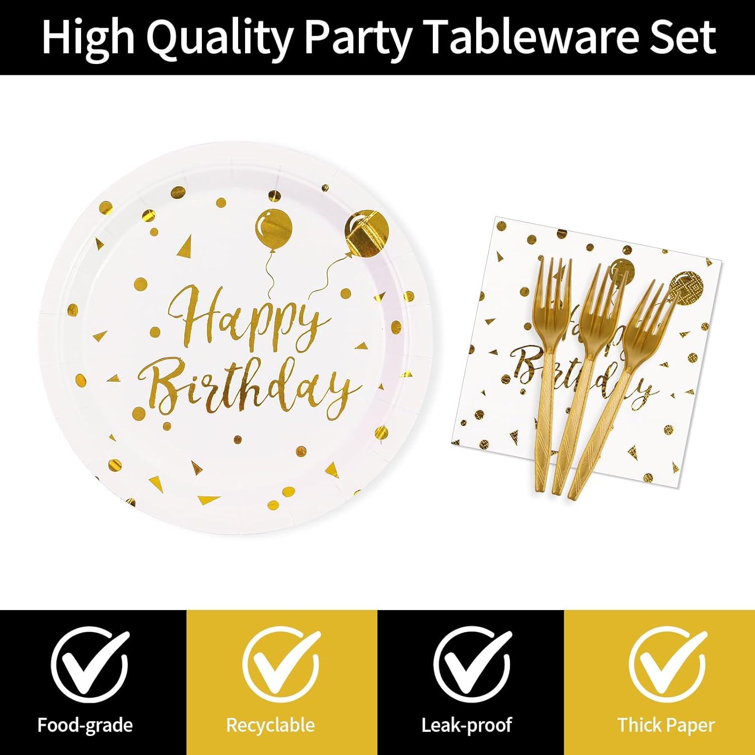48PCS Happy Birthday Plates and Napkins Party Supplies, White and Gold Disposable Paper Plates and Napkins with Forks Tableware Set for Birthday Party Decorations 16 Guests - Image 3