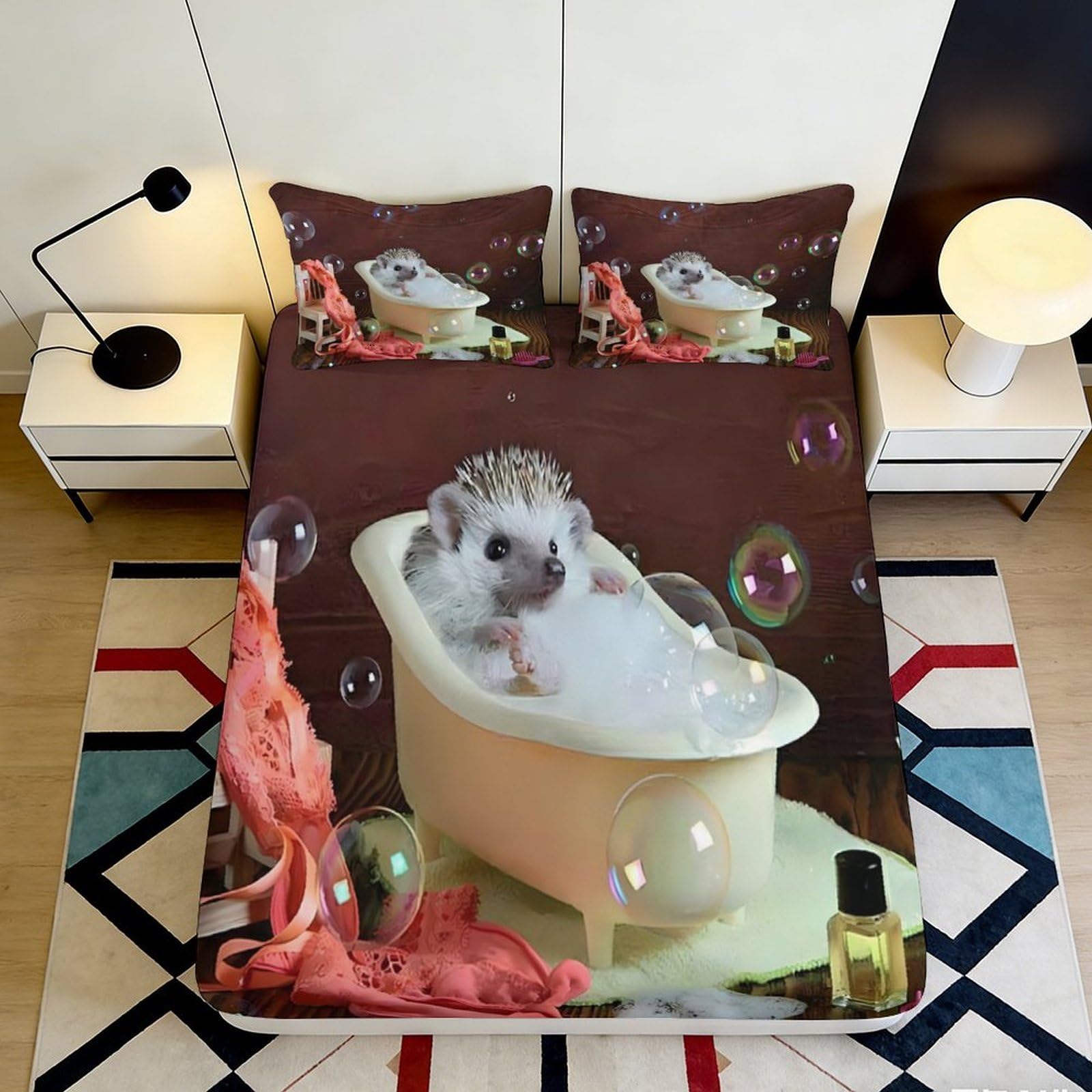 3D Printed Cute Hedgehog Bath Fitted Sheet Microfiber Soft Durable Bubble Design Mattress Cover for Bedroom Dormitory Guest Room Mattress Protection 90x200x25cm