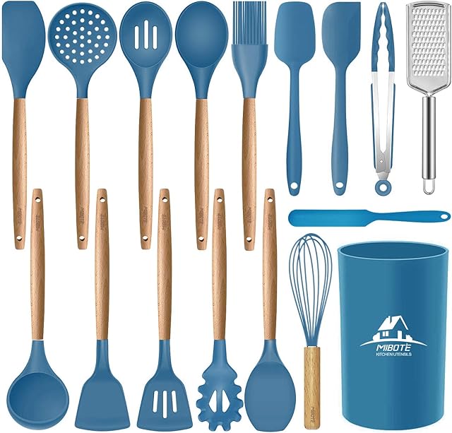 Silicone Cooking Utensils Kitchen Utensil Set with Holder, MIBOTE 11 Pieces Acacia Wooden Cooking Tool Turner Tongs Spatula Spoon for Nonstick Cookware - Best Kitchen Tools Gadgets (Blue)