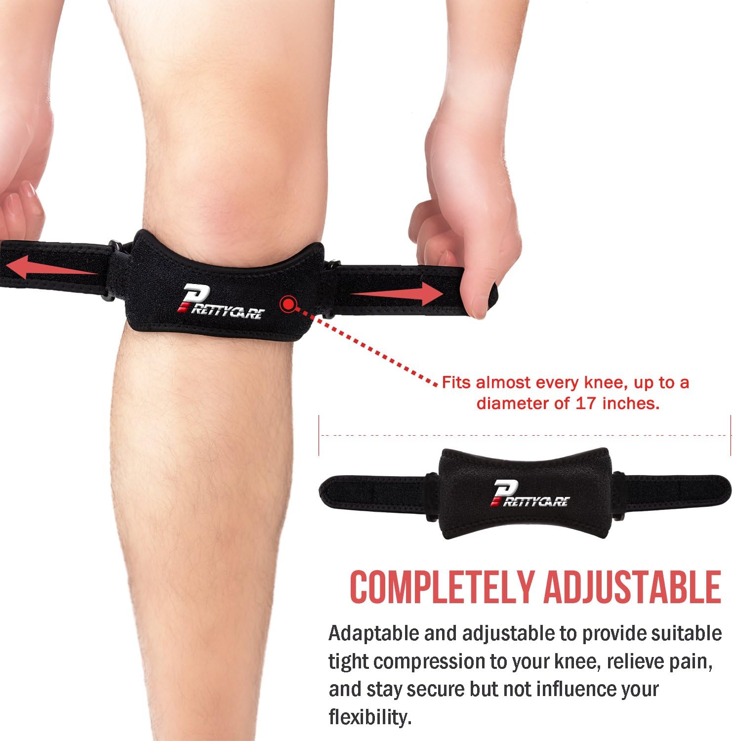 PrettyCare Knee Support Patella Strap, Unique Silicon Material, Fully Adjustable Tendon Brace Band Pad - Pain Relief for Running, Tennis, Basketball, Tendonitis