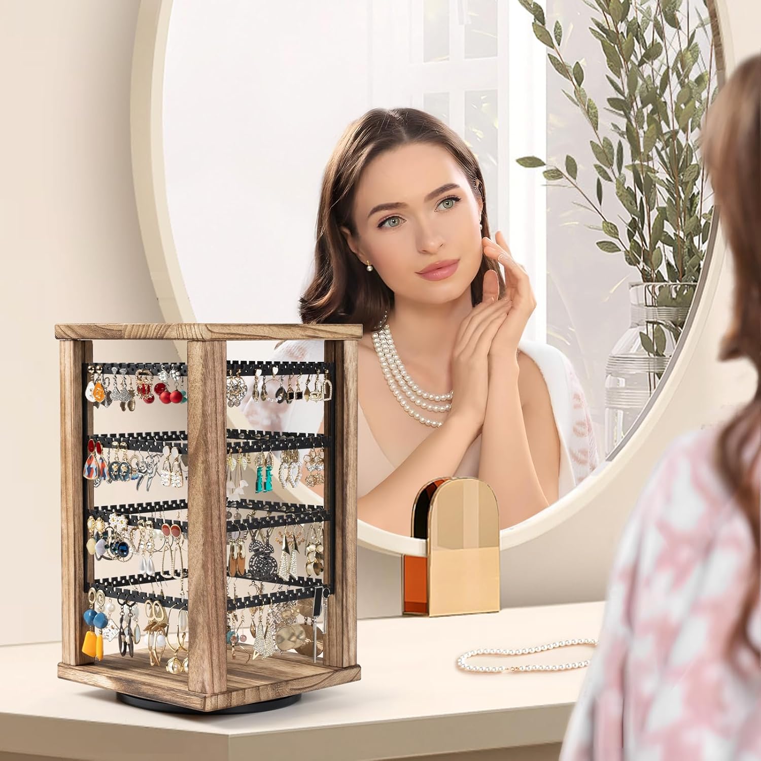 Emfogo 360 Earring Holder Organizer, Rustic Wood Earring Stand, Rotating Wooden Display, 4 Tiers Earring Organizer Stand for Stud Earrings, Hoop Earrings & Necklaces, Women Gifts - Image 8