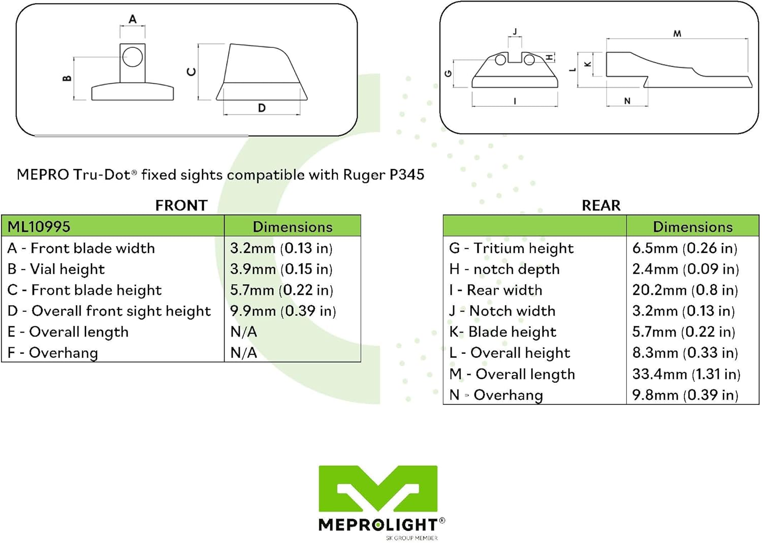 Meprolight Tru-Dot tritium Night Sights Compatible with Ruger P345 Green dots Glow on Sight self Illuminated Fixed Metal Sights