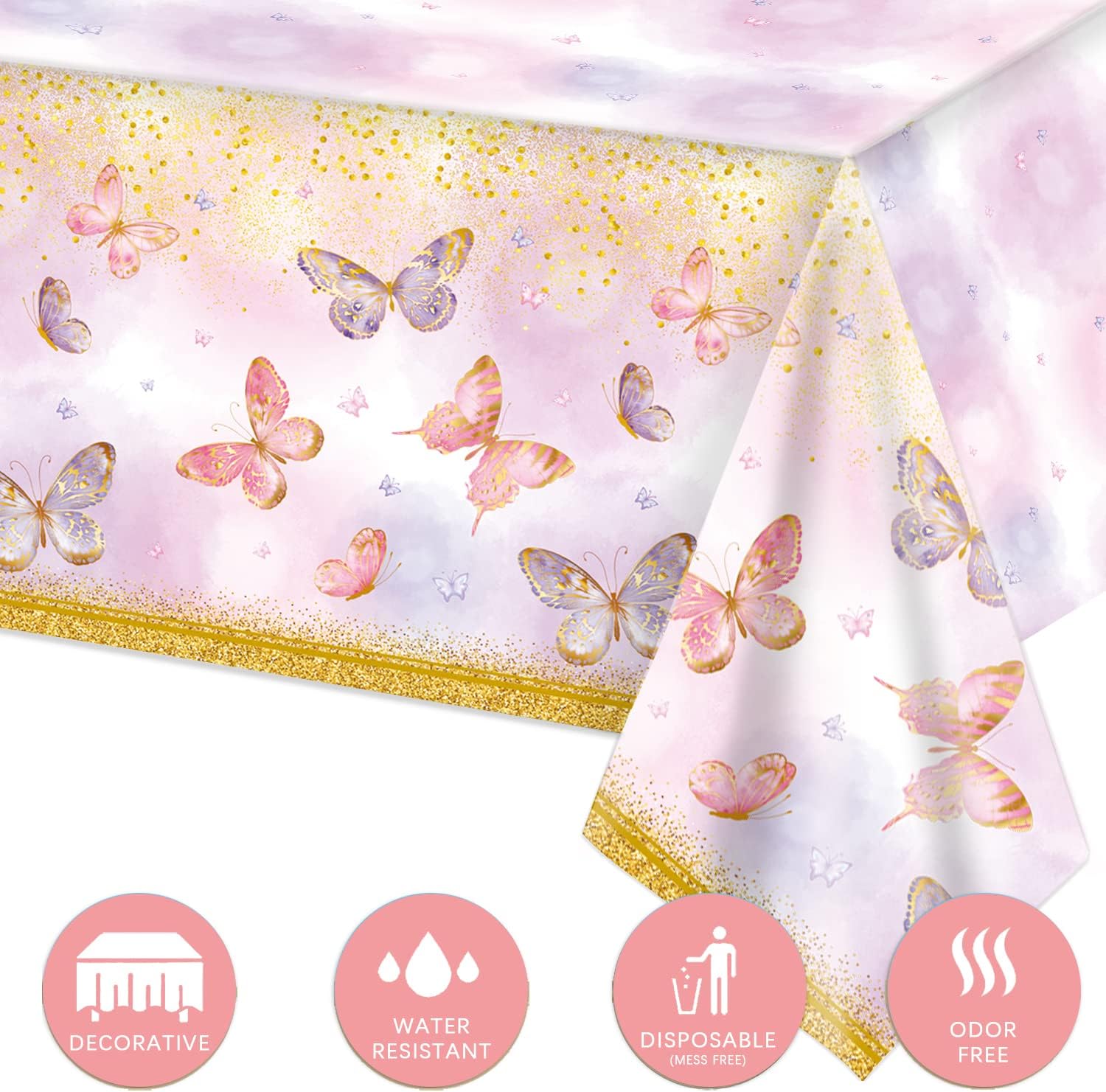 Pyrrhiax 8 pcs Butterfly Birthday Decorations Tablecloth, Disposable Pink and Purple Table Cloths, Butterfly Theme Party Decorations for Girls 108x54 Inches