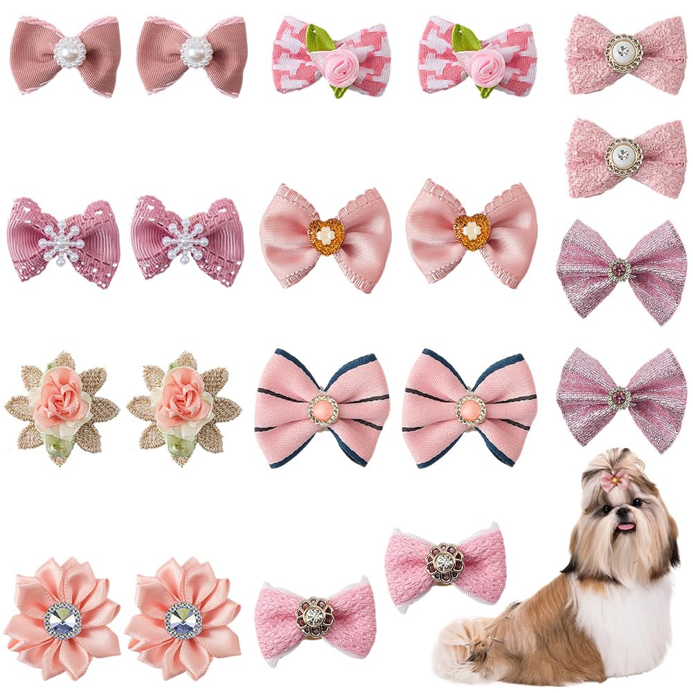 CREATCABIN 20Pcs 10 Styles Pink Dog Bow Clips Small Pet Hair Bows Cloth Rhinestone Pearls Gooming Flower Ball Puppy Handmade Bowknot Ties with Rubber Hoop for Furry Cats Dogs Pets Hair Accessories