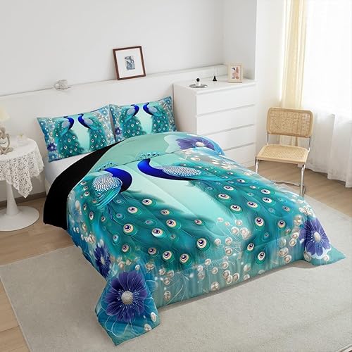 Miniatura 4 de Juego de edredón de pavo real, edredón bohemio de plumón exótico, pájaros exóticos, juegos de ropa de cama de plumas azul marino, verde azulado,