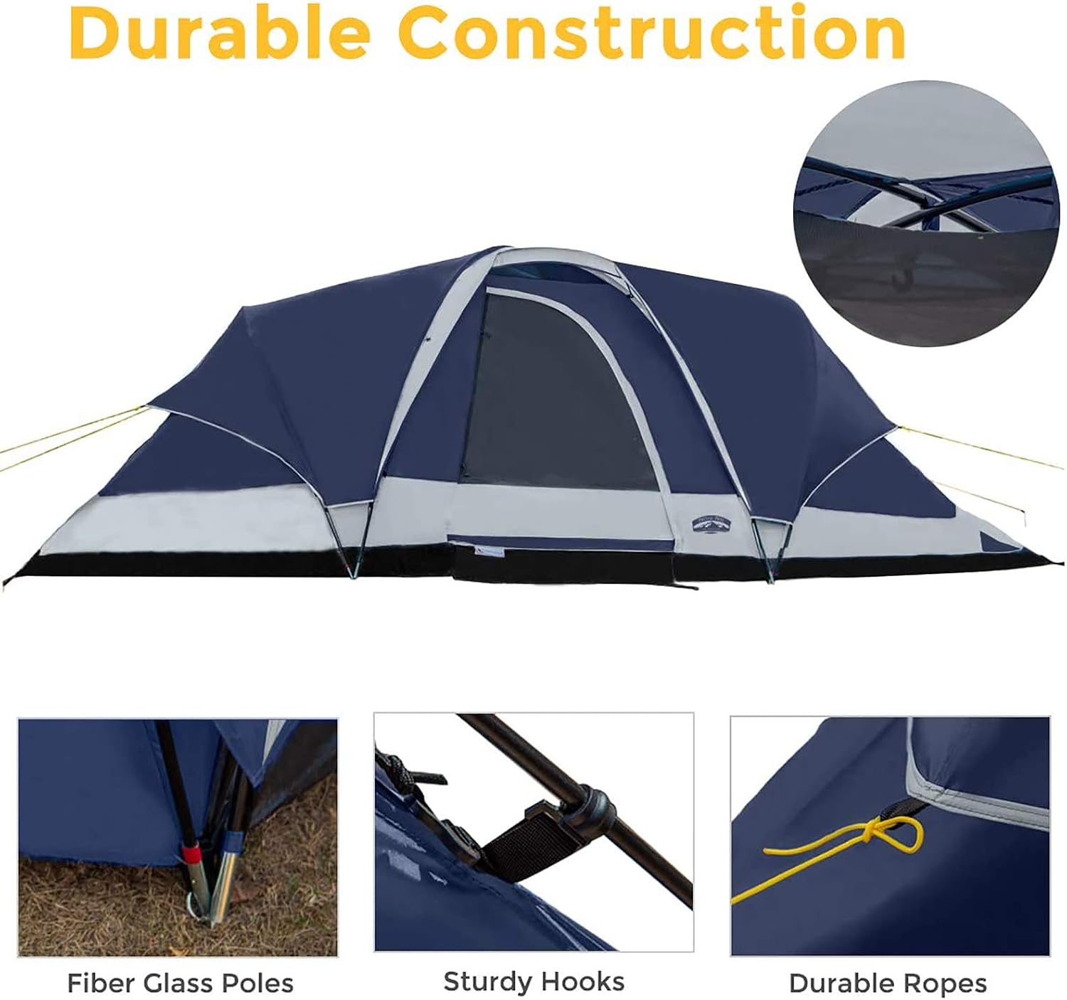 Pacific Pass 8 Person Dome Tent w/ Removable Rain Fly and Room Dividers, Water Resistant - Navy/Gray