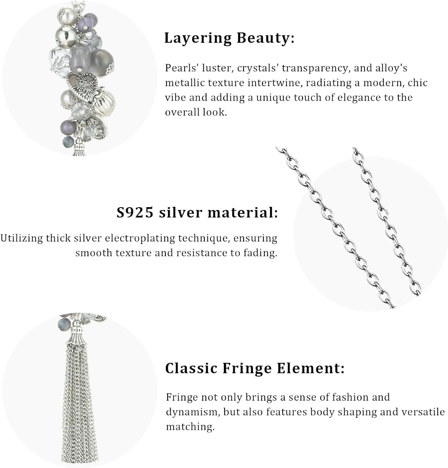 PEARL&CLUB Silver Long Tassel Necklaces for Women Boho Chain Necklace with Tassel Beaded Pendant Silver Fashion Jewelry Gifts for Women - Image 4