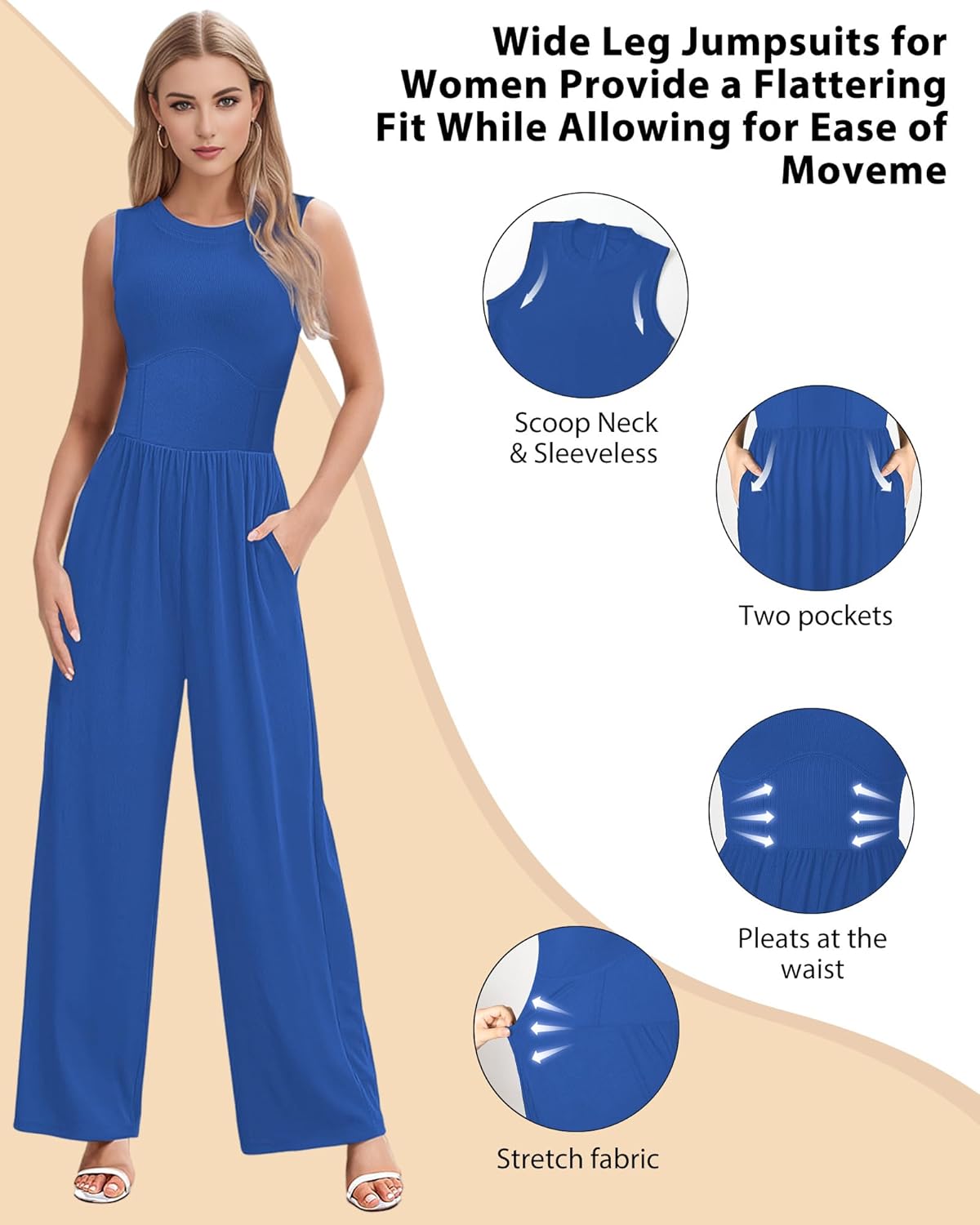 AURUZA Jumpsuits for Women, Sleeveless Crew Neck Jumpsuits for Women Casual One Piece Outfit Wide Leg Long Pants Rompers for Women 2024 Jumper Dressy with Pockets, Blue, M - Image 2
