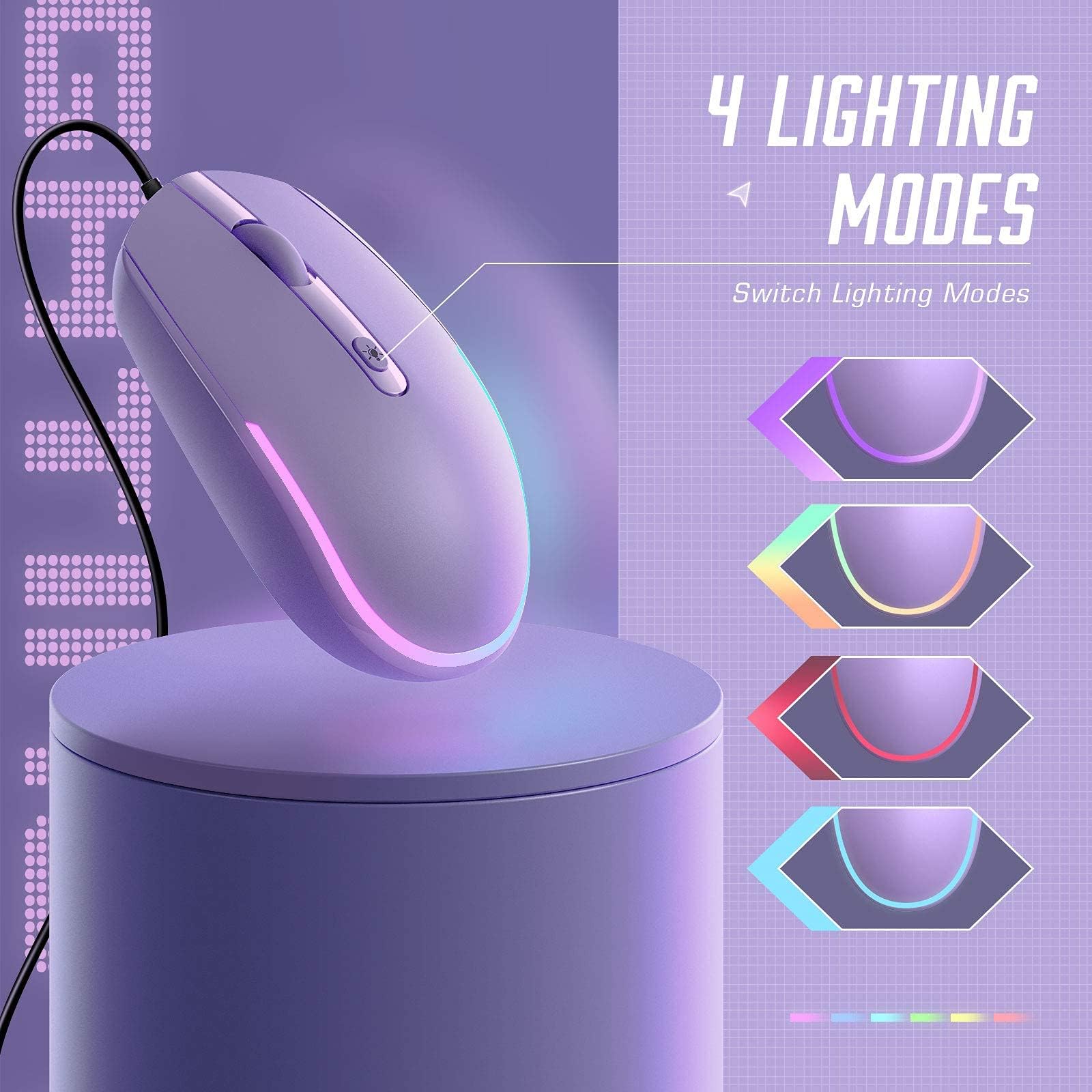 seenda Ratón USB con cable RGB retroiluminado ratón óptico de computadora con cable para ordenadores portátiles Chromebook - morado