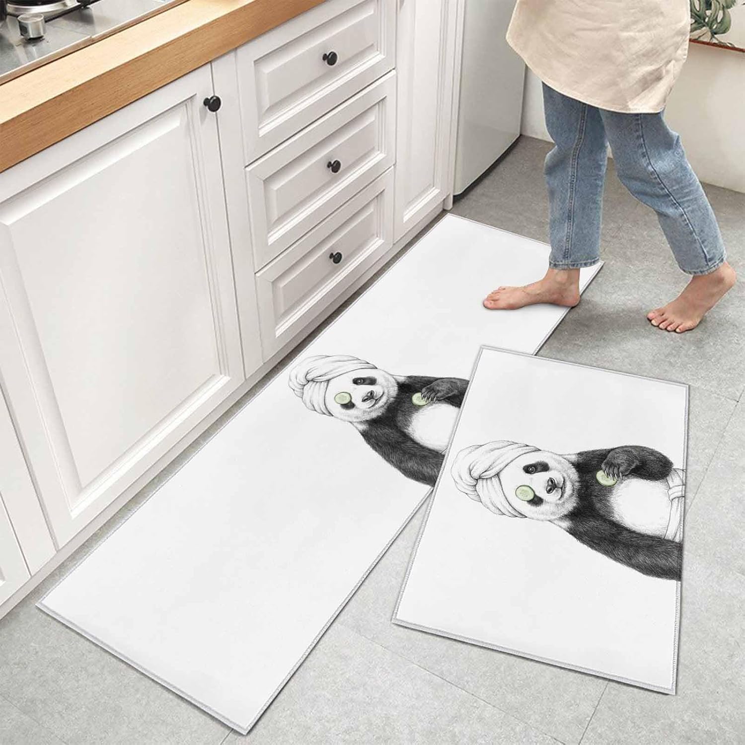 Teamery Kitchen Mats for Floor Cute Panda Bath Wrap SPA Washable Non Slip Kitchen Rugs 2PCS, Funny Animal Art Absorbent Standing Mats for Sink Bathroom Office Living Room 15.7x23.6in+15.7x47.2in