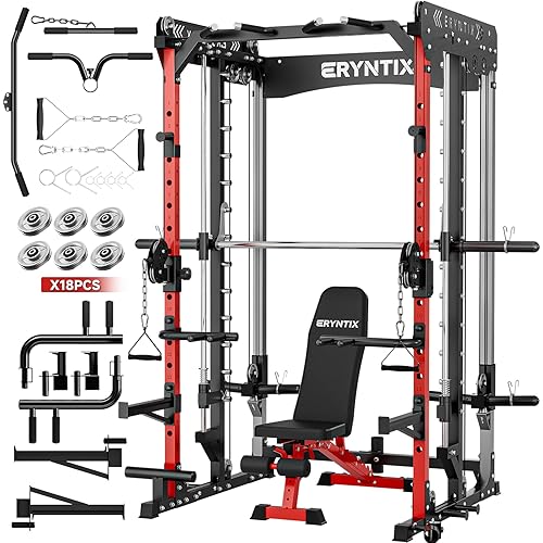 Smith Machine Home Gym for Strength Training, All-in-One Power Cage with Cable Crossover, Squat Rack, LAT Pulldown, Pull-Up Bar, 2600LBS Capacity Gym System with 18 Attachments