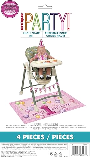 Miniatura 4 de Kit de silla alta con globos rosas para el primer cumpleaños (1 juego), paquete de decoración todo incluido con pancarta de bandera, tapete de piso