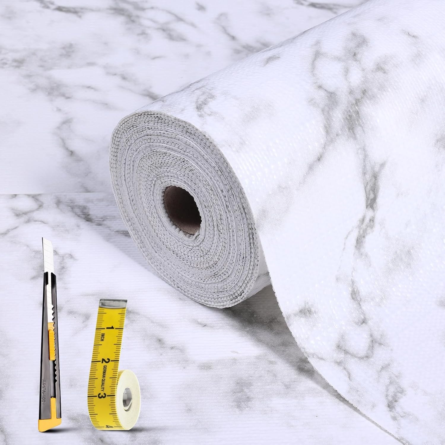 Drawer and Shelf Liner for Kitchen Cabinet: 17 in X 30 Ft Non Slip Waterproof Shelf Paper Non Adhesive Refrigerator Liners White Marble Easy Liners for Bathroom with Knife Tape Measure White Marble 17.3"W x 354.3"L