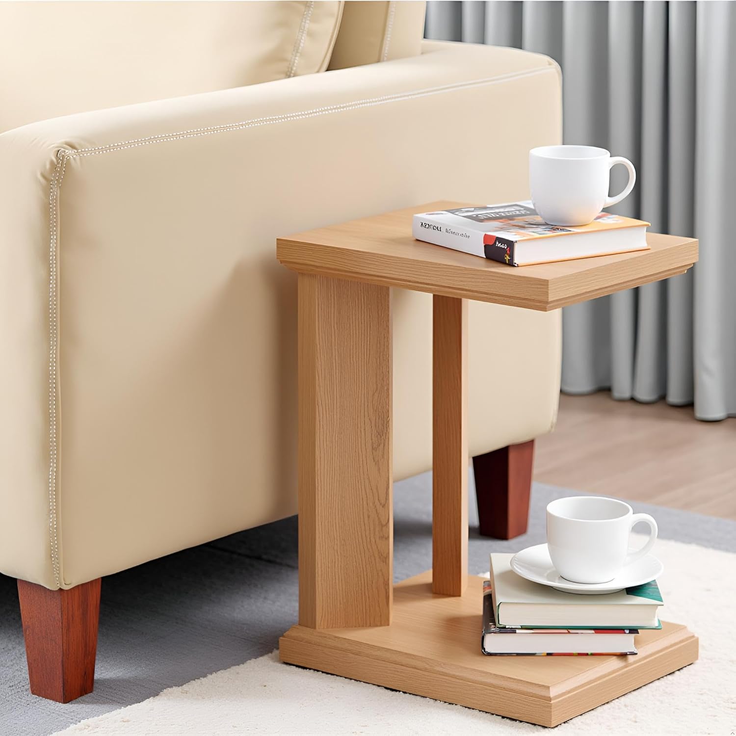 C Shaped End Table for Couch, 23.2'' High Small Side Table 2-Tier C Shaped Sofa Table for Small Narrow Spaces, Modern Nightstand for Bedroom, Living Room, Apartment, Home Office, Oak