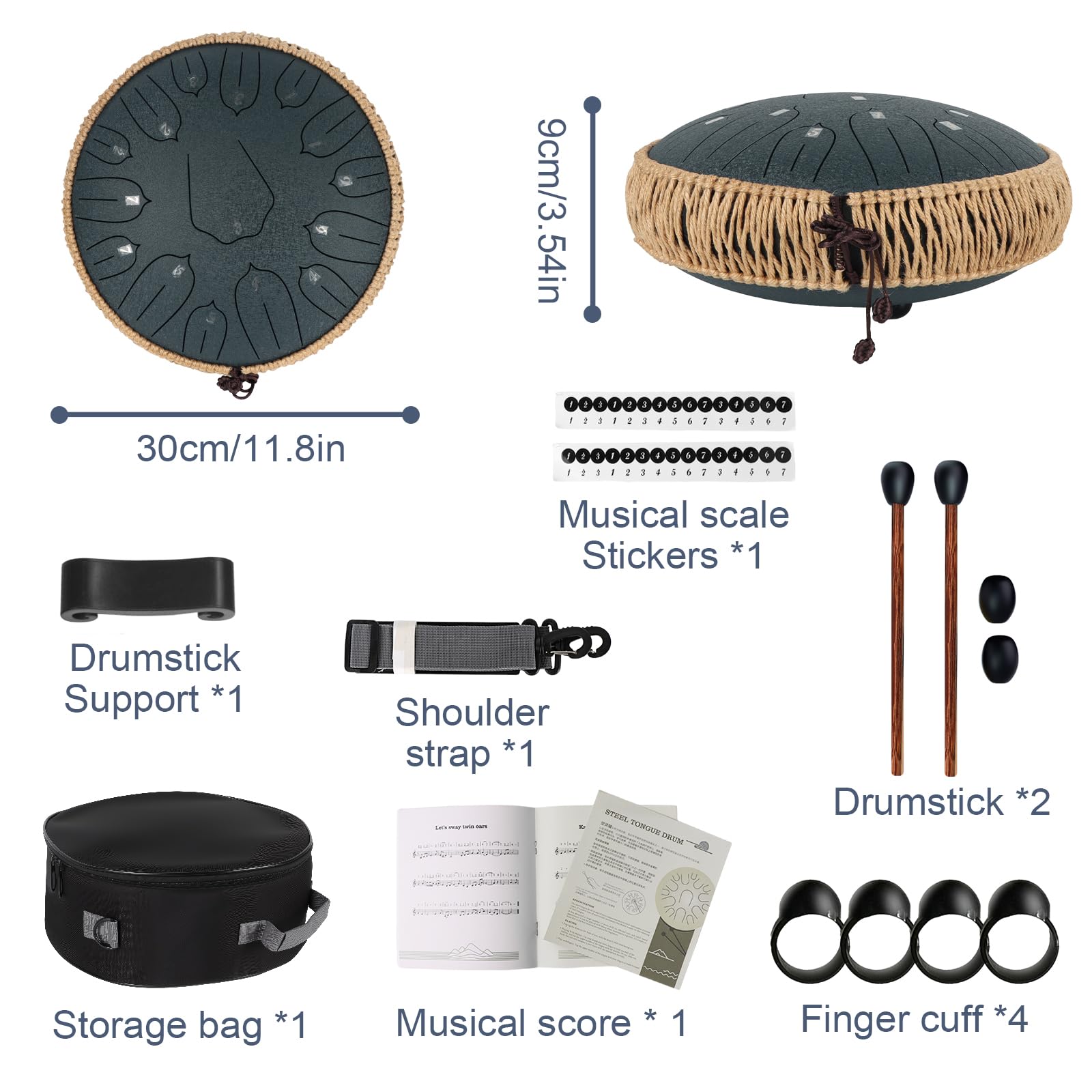 Bęben językowy 30 cm, 15 tonów, stalowy bęben dźwiękowy, D-Dur instrument z pałeczkami dla dzieci, do medytacji, jogi, uzdrawiania dźwięku (granatowy, 35 cm)