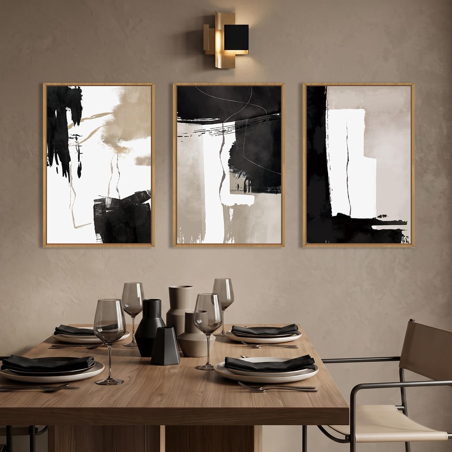 Abstract Black White Brown Framed Canvas Wall Art Set-24"x36"x3 image 3