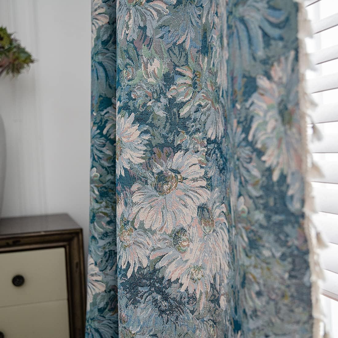 vctops Country Style Floral Jacquard Curtain Panels with Tassels Rod Pocket Room Darkening Thermal Insulated Window Drapes for Living Room Bedroom (Blue,59"x63")