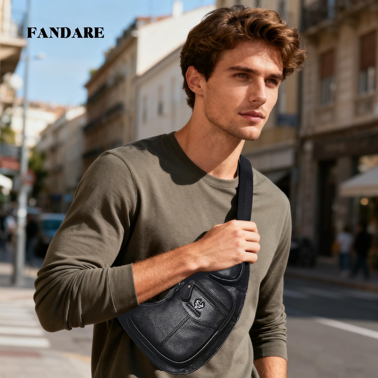 FANDARE Uomo Zaino Monospalla Borsa a tracolla in pelle Marsupio versatile da lavoro con tracolla regolabile, zainetto da viaggio impermeabile per uso quotidiano, piccola borsa laterale maschile