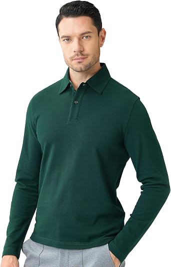 Cotton Pique Polo Shirts for Men Long Sleeve Casual Comfort Moisture Wicking Regular Fit