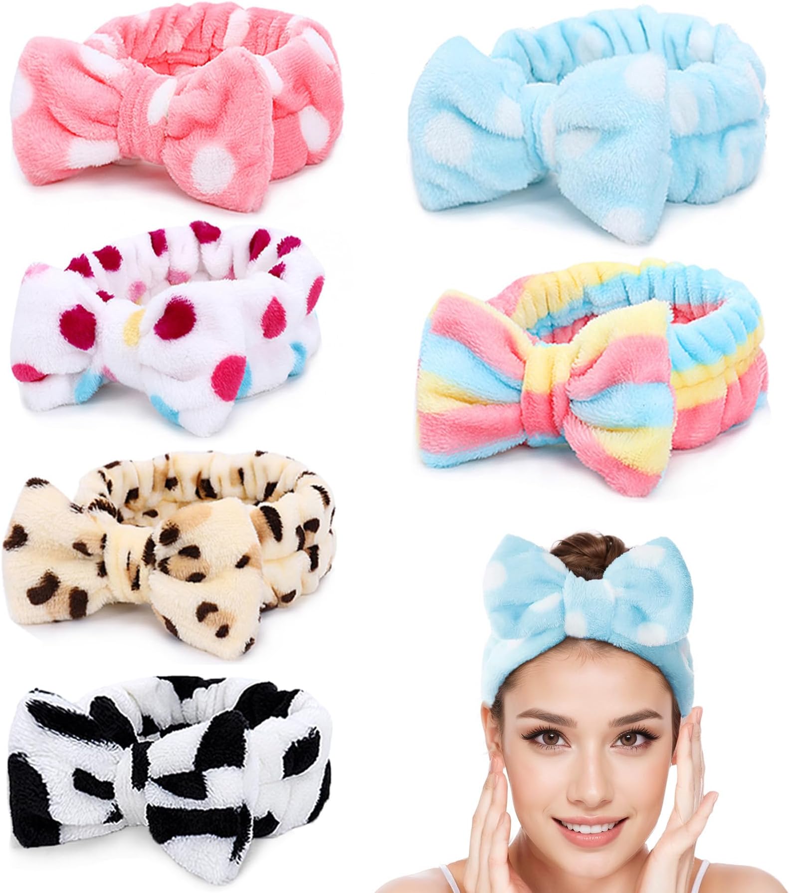 LADES Spa Headband – 6 Pack Bow Hair Band Women Facial Makeup Head Band Soft Coral Fleece Head Wraps For Shower Washing Face Mask