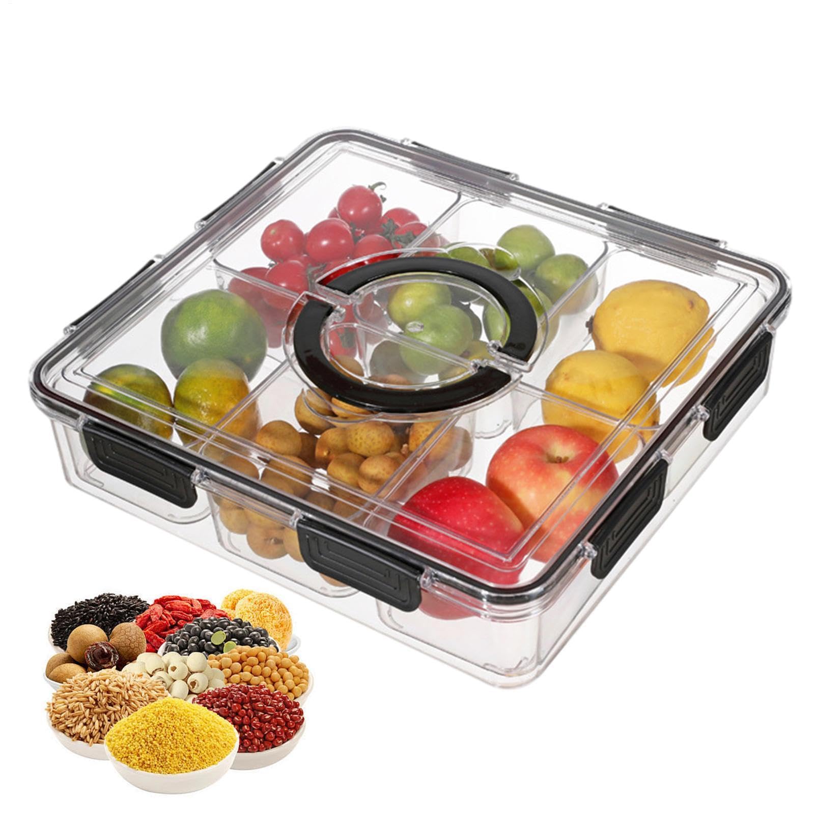 di frutta – Contenitore per salumi da 33,8 x 31,5 x 8 cm, vassoio diviso | conservazione ermetica, portatile, grande per aperitivi, organizer quadrato trasparente con 6 scomparti