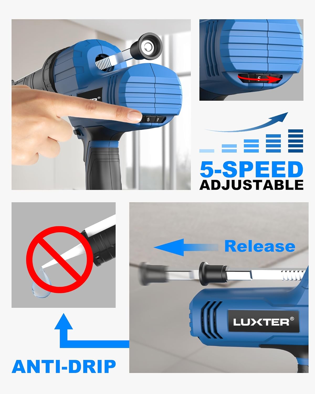LUXTER 2-IN-1 Cordless Caulking Sausage Gun 20V Battery Powered Caulk Gun w/2 x 2.0Ah Batteries 10oz /310ml & 610ml Caulk Remover Tool, LED Light, Auto Retract for Filling, Sealing