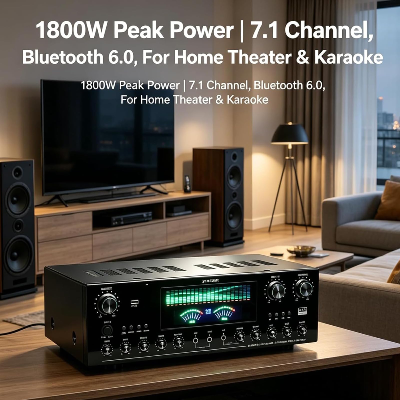 7.1-kanałowy wzmacniacz audio, odbiornik kina domowego, odbiornik AV z Bluetooth 6.0, wejście optyczne/współosiowe/USB, wejścia mikrofonowe, funkcja karaoke i regulowana głośność