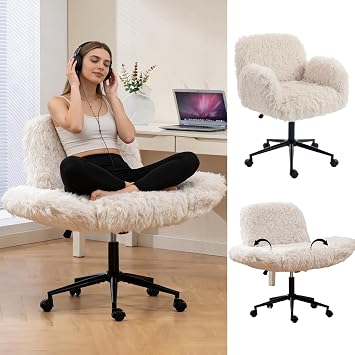 Lamb Wool Criss Cross Chair with Arm Rest, Beige Crisscross Chair with Wheels, Swivel Desk Chairs Criss Cross with Thickened Backrest, Desk Chairs with Pet Seat, Office, Bedroom & Living Room