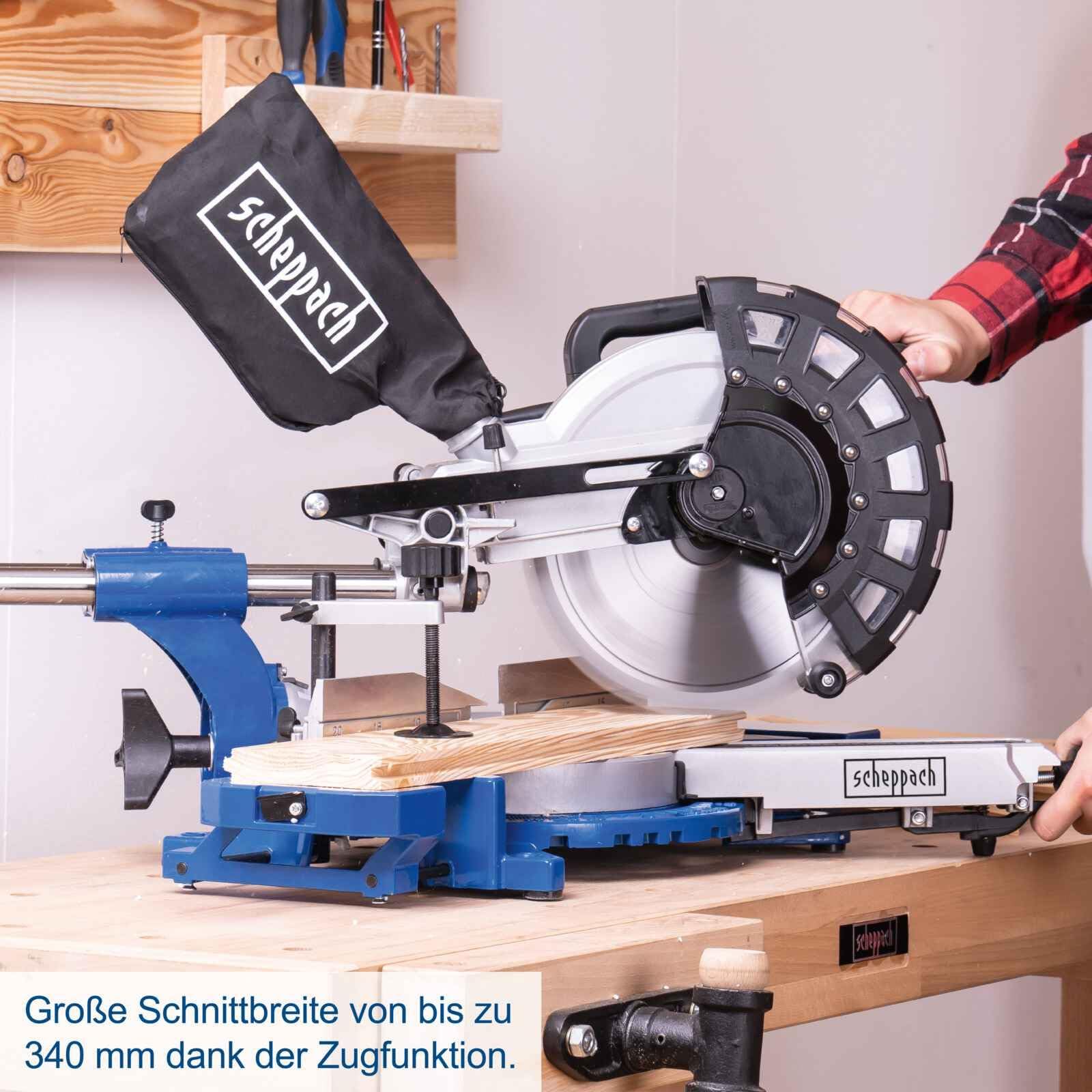 Scheppach Scie à onglets avec démarrage progressif & laser HM254 | 2000W | Lame Ø255mm | Largeur/hauteur de coupe : 340mm x 90mm |Scie radiale | 2ème lame incluse | Avec support UMF2000