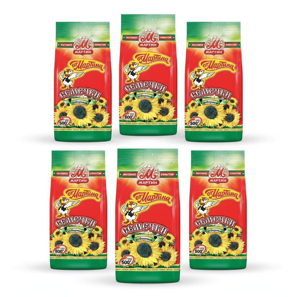 Martin Premium Roasted Sunflower Seeds 500 g × 6 Packs + 3 Unipromax Paper Bags for Husks – Kosher and Halal – Semechki Ot Martina – Unipromax Bandle